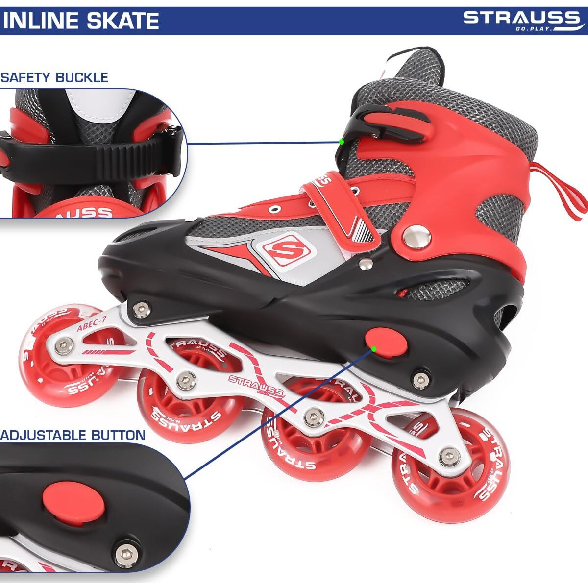 STRAUSS Vortex Adjustable Size Inline Skates | Skating Shoes for Boys & Girls | 4 Wheels |Beginner-Friendly Skating Shoe | Adjustable Roller Blades | Enhanced Stability and Support| Size L,(Red)
