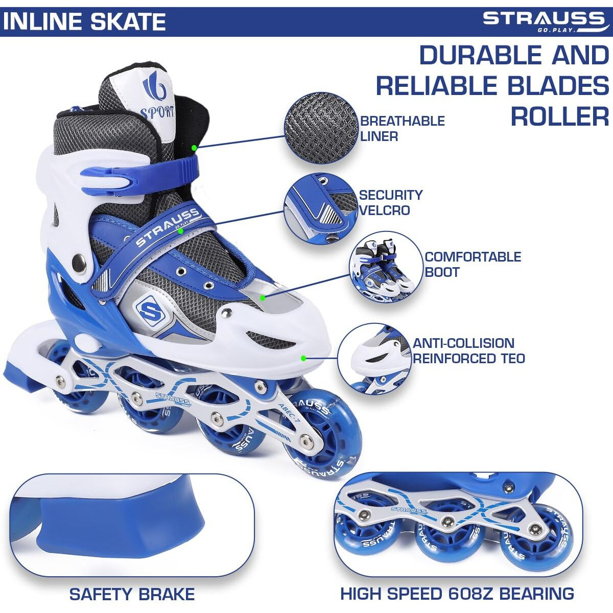 STRAUSS Vortex Adjustable Size Inline Skates | Skating Shoes for Boys & Girls | 4 Wheels |Beginner-Friendly Skating Shoe | Adjustable Roller Blades | Enhanced Stability and Support| Size S,(Blue)