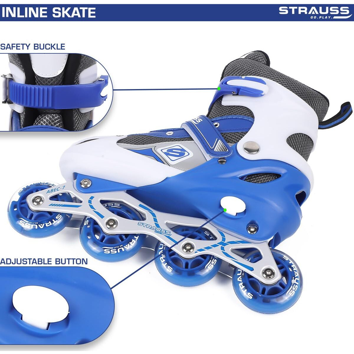 STRAUSS Vortex Adjustable Size Inline Skates | Skating Shoes for Boys & Girls | 4 Wheels |Beginner-Friendly Skating Shoe | Adjustable Roller Blades | Enhanced Stability and Support| Size S,(Blue)