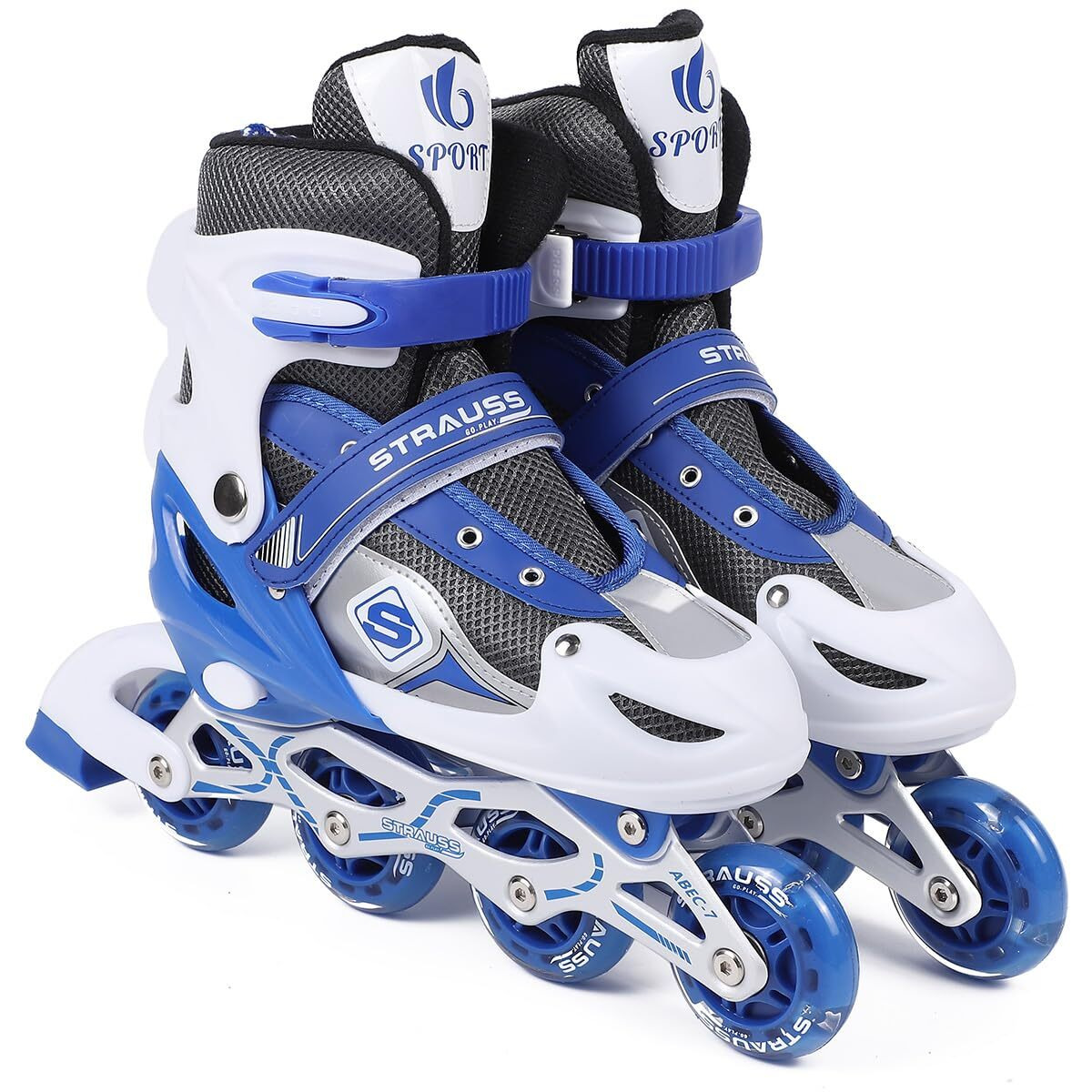 STRAUSS Vortex Adjustable Size Inline Skates | Skating Shoes for Boys & Girls | 4 Wheels |Beginner-Friendly Skating Shoe | Adjustable Roller Blades | Enhanced Stability and Support| Size M,(Blue)