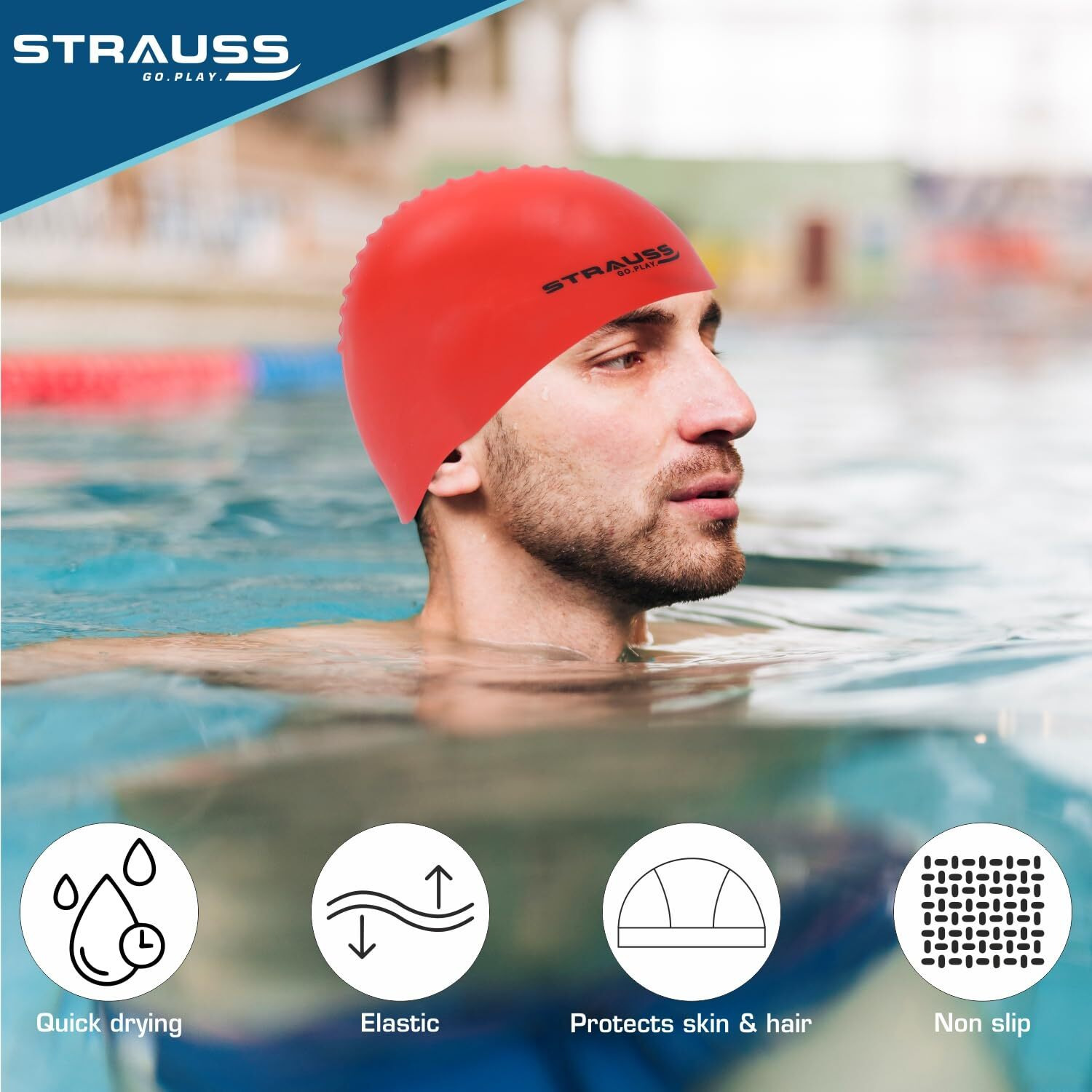 Strauss Latest Designed Swimming Cap |Keeps Hair Clean with Ear Protector|Suitable for Long and Short Hair|Swimming Head Cap with Breathable Fabric |Waterproof Swim Cap for Adult, Woman and Men,(Red)