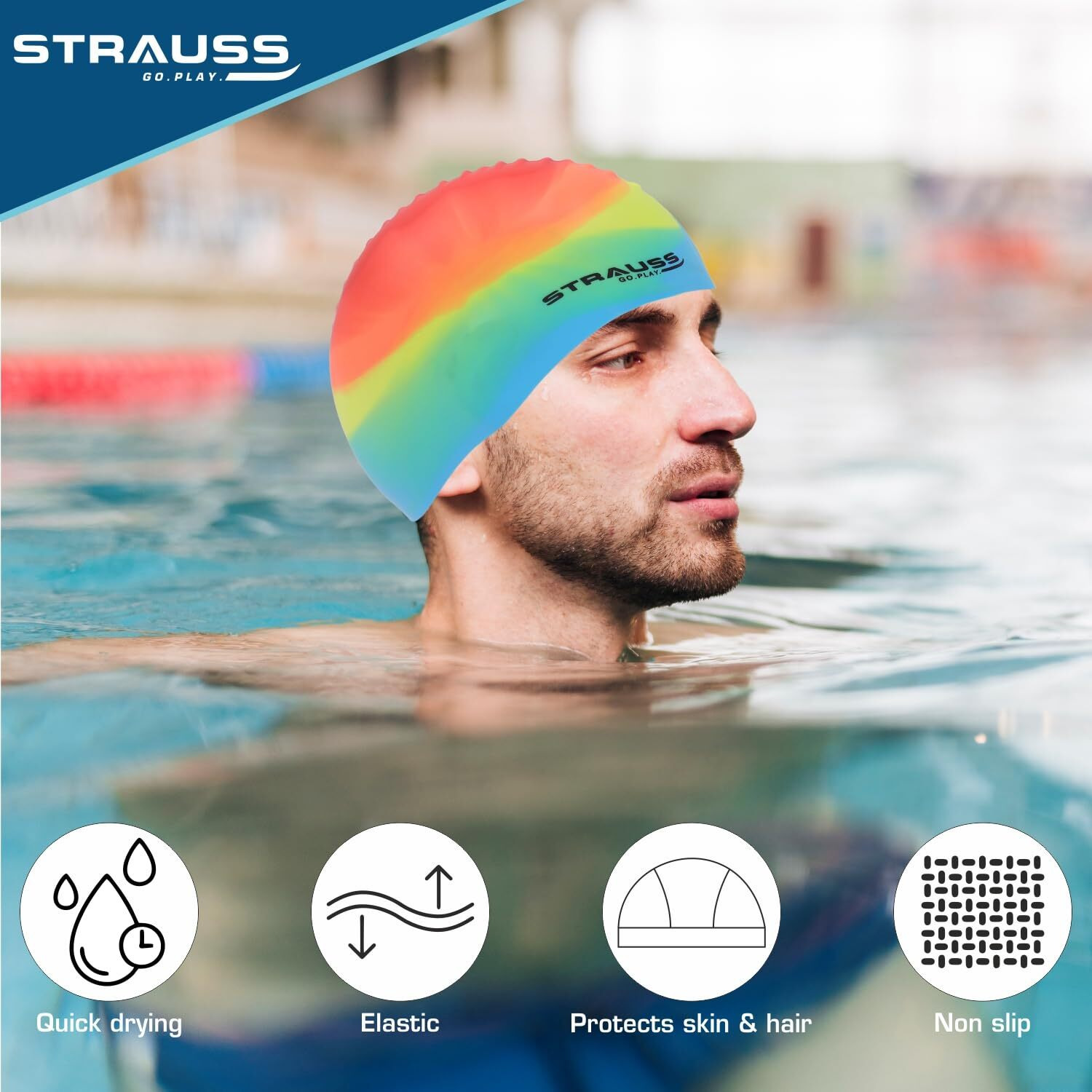 Strauss Swimming Cap | Keeps Hair Clean with Ear Protector | Suitable for Long and Short Hair | Swimming Head Cap with Breathable Fabric | Waterproof Swim Cap for Adult, Woman and Men,(Mix Color)