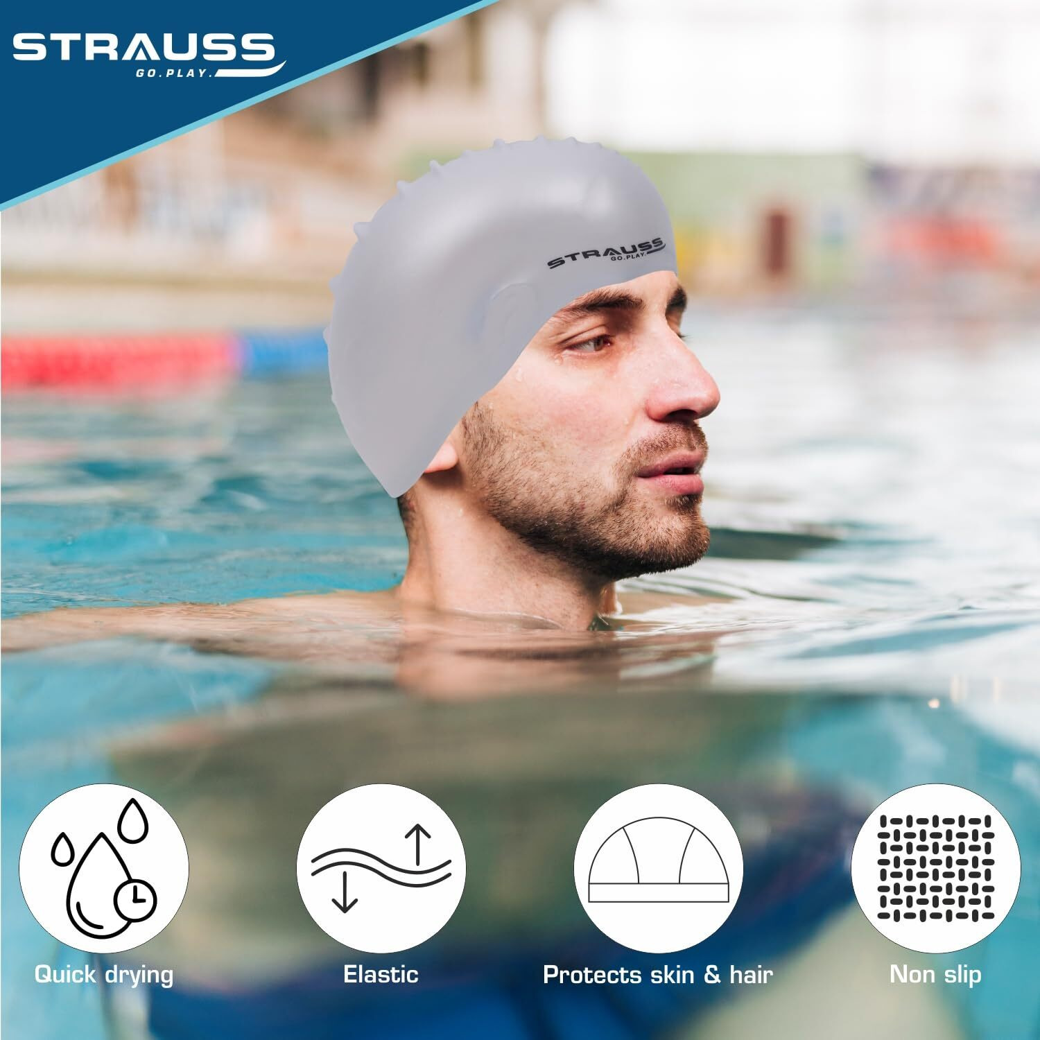 Strauss Latest Designed Swimming Cap|Keeps Hair Clean with Ear Protector|Suitable for Long and Short Hair|Swimming Head Cap with Breathable Fabric |Waterproof Swim Cap for Adult, Woman and Men,(Grey)