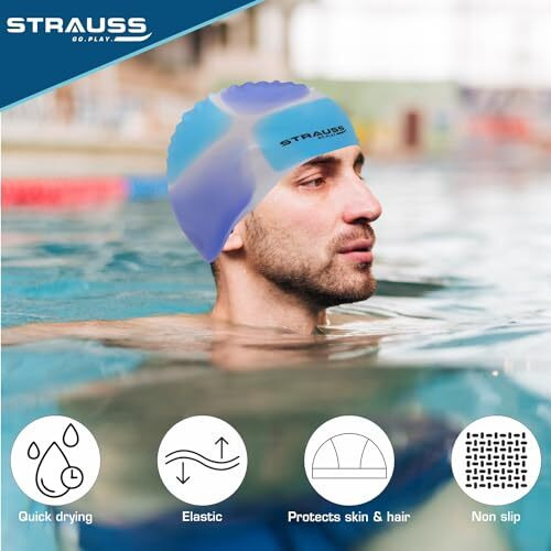 Strauss Latest Designed Swimming Cap | Keeps Hair Clean with Ear Protector | Suitable for Long and Short Hair | Swimming Head Cap with Breathable Fabric | Swim Cap for Adult,(Multicolor Blue)
