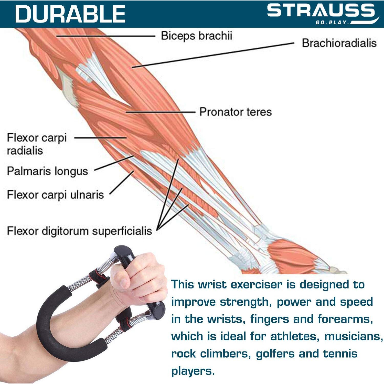 Strauss Wrist Forearm Strengthener | Improves Grip Strength | Arm Exercise Equipment for Forearm Workout | Adjustable Resistance | Hand and Wrist Strength Trainer (Black) Pack of 2