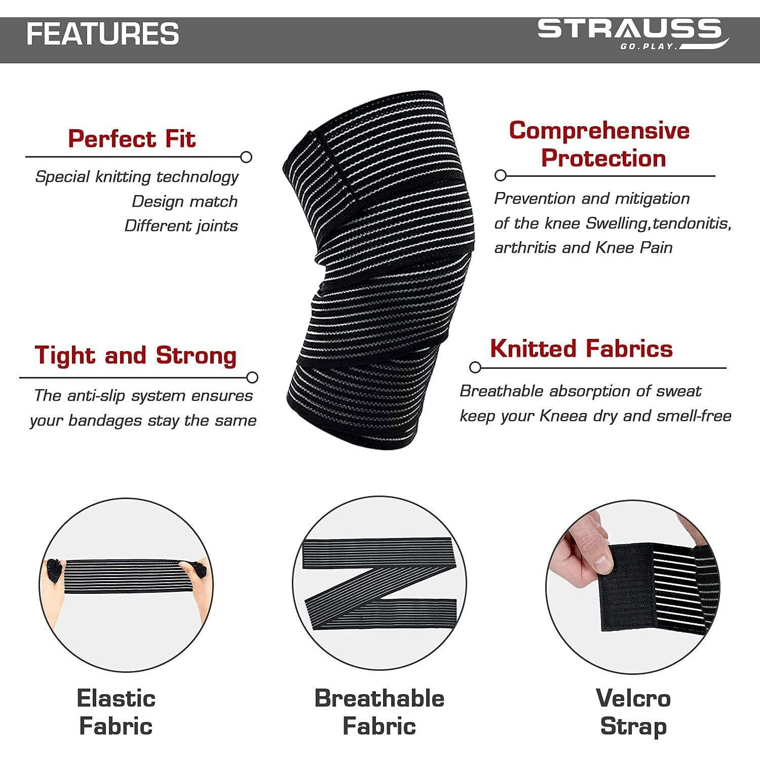 STRAUSS Elastic Knee Compression Bandage Wraps | Support for Ankle, Knee, Elbow Pain Relief, Sports & Workout | Can Be Used For Squats and Powerlifting | 2 Pair (Black)