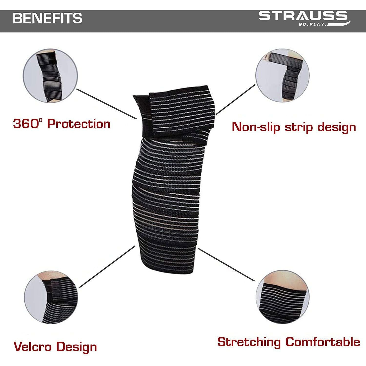 STRAUSS Elastic Knee Compression Bandage Wraps | Support for Ankle, Knee, Elbow Pain Relief, Sports & Workout | Can Be Used For Squats and Powerlifting | 2 Pair (Black)