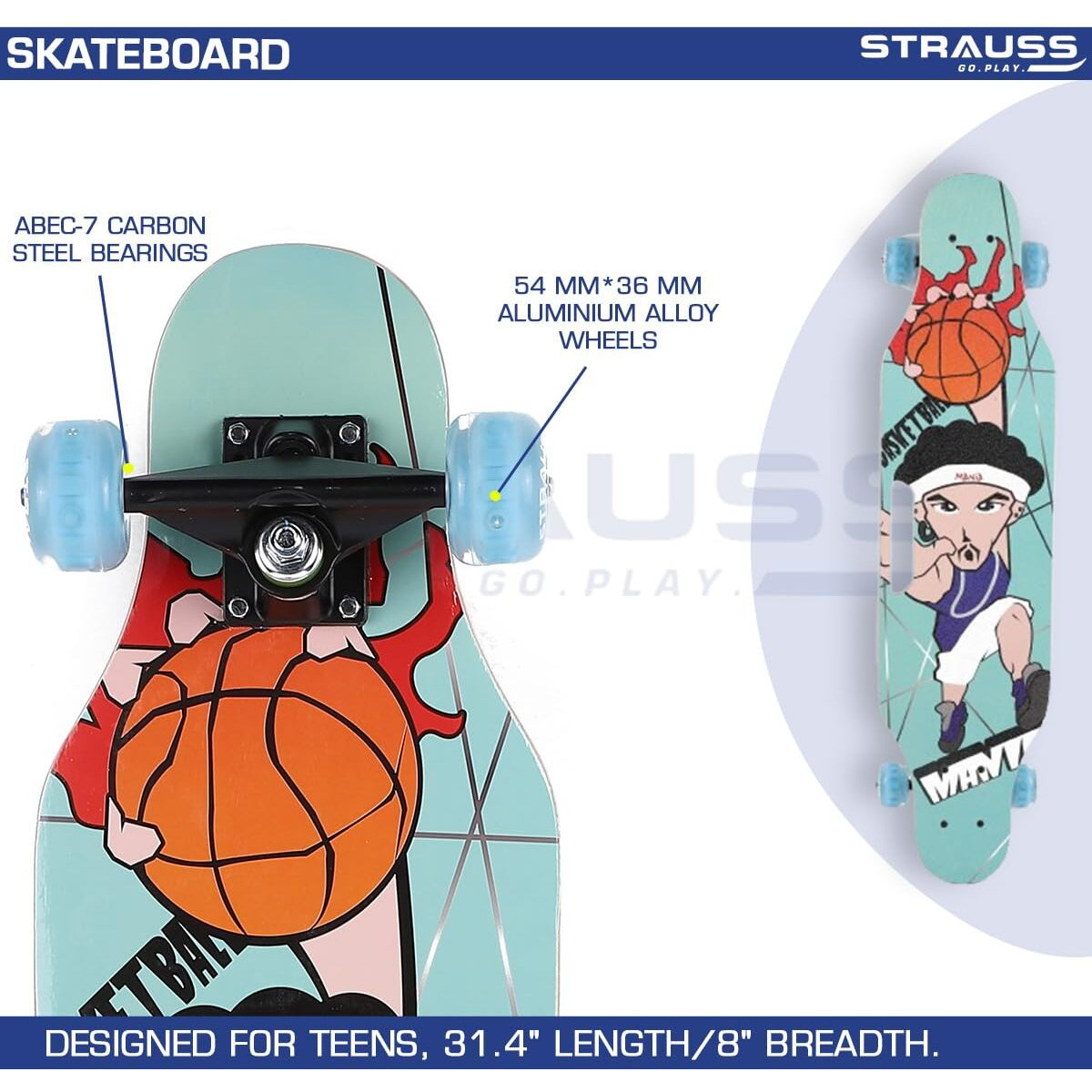 STRAUSS Plastic Spunkz Skateboard Penny Skateboard|Casterboard|Hoverboard Anti-Skid Board with High Precision Bearings Wheels with Light Ideal for 8 Years and above(31 X 8 Inches),(Basketball Mania)