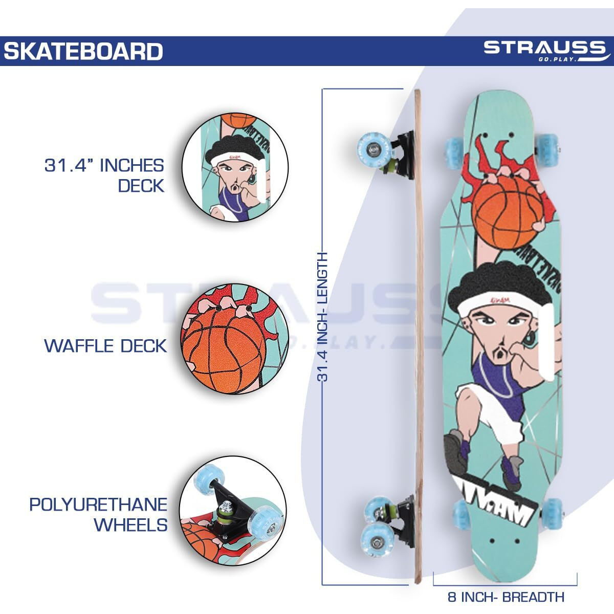 STRAUSS Plastic Spunkz Skateboard Penny Skateboard|Casterboard|Hoverboard Anti-Skid Board with High Precision Bearings Wheels with Light Ideal for 8 Years and above(31 X 8 Inches),(Basketball Mania)
