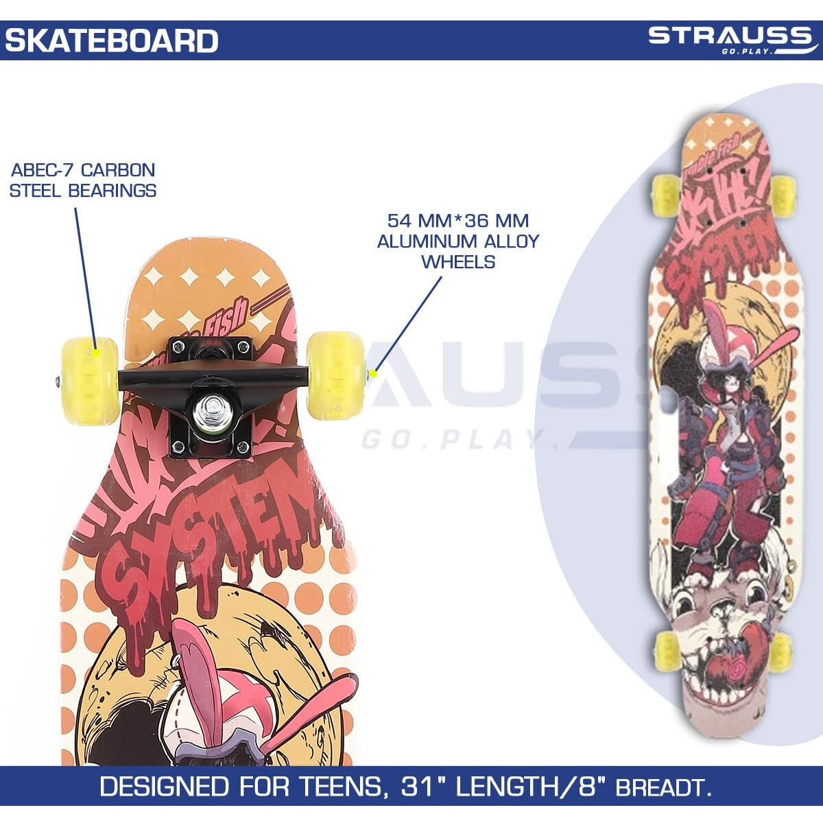 STRAUSS Spunkz Skateboard | Penny Skateboard | Casterboard | Hoverboard | Anti-Skid Board with High Precision Bearings | Wheels with Light | Ideal for All above 8 Years (31 X 8 Inch), (Warrior)