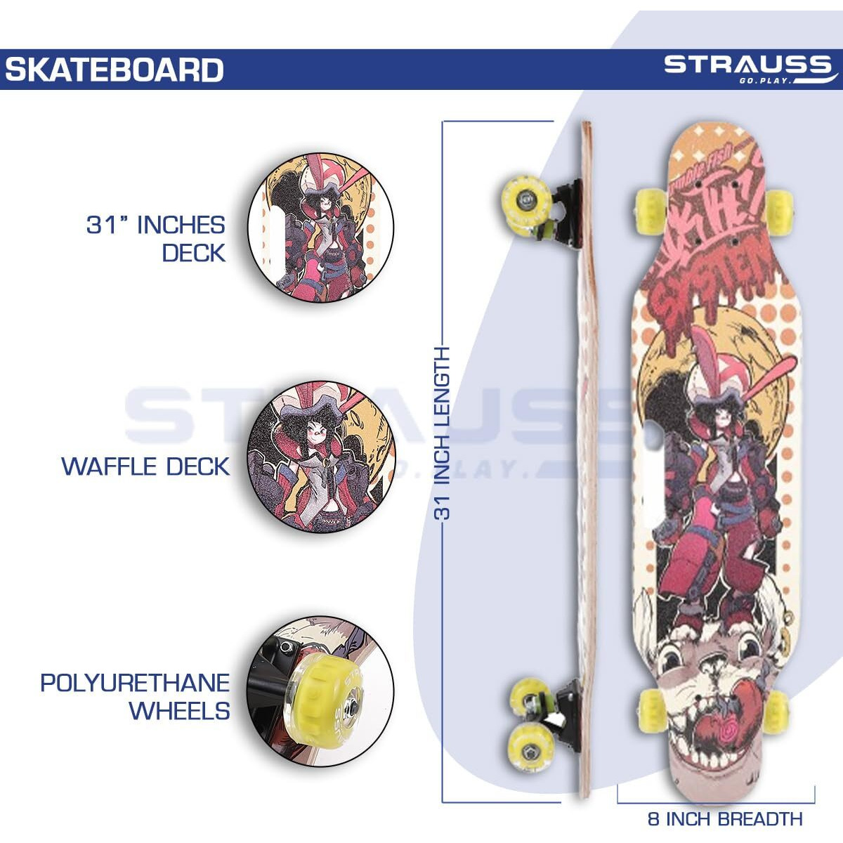 STRAUSS Spunkz Skateboard | Penny Skateboard | Casterboard | Hoverboard | Anti-Skid Board with High Precision Bearings | Wheels with Light | Ideal for All above 8 Years (31 X 8 Inch), (Warrior)
