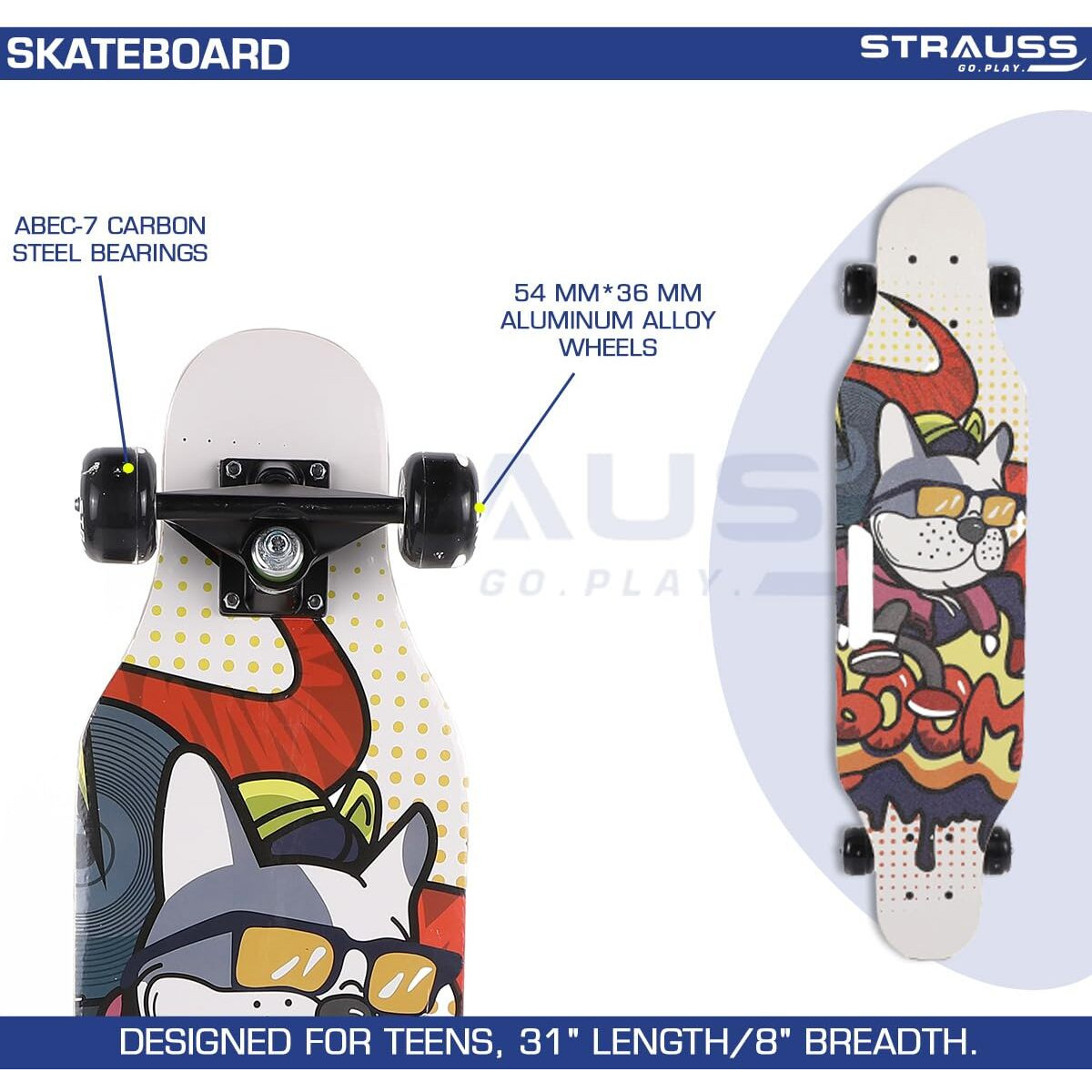 STRAUSS Plastic Spunkz Skateboard | Penny Skateboard | Casterboard | Anti-Skid Board with High Precision Bearings Wheels with Light Ideal for All above 8 Years (31 X 8 Inch),(Smart Dog),Multicolor