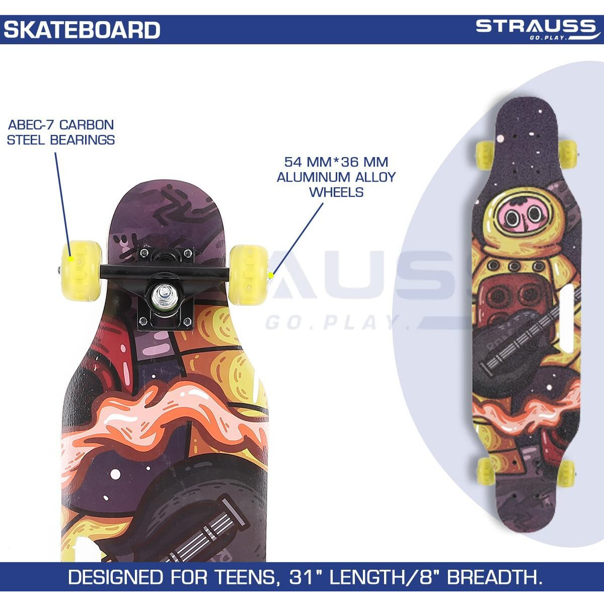 STRAUSS Plastic Spunkz Skateboard Penny Skateboard|Casterboard|Hoverboard Anti-Skid Board with High Precision Bearings Wheels with Light Ideal for 8 Years and Above(31 X 8 Inch),(Astronaut),Multicolor