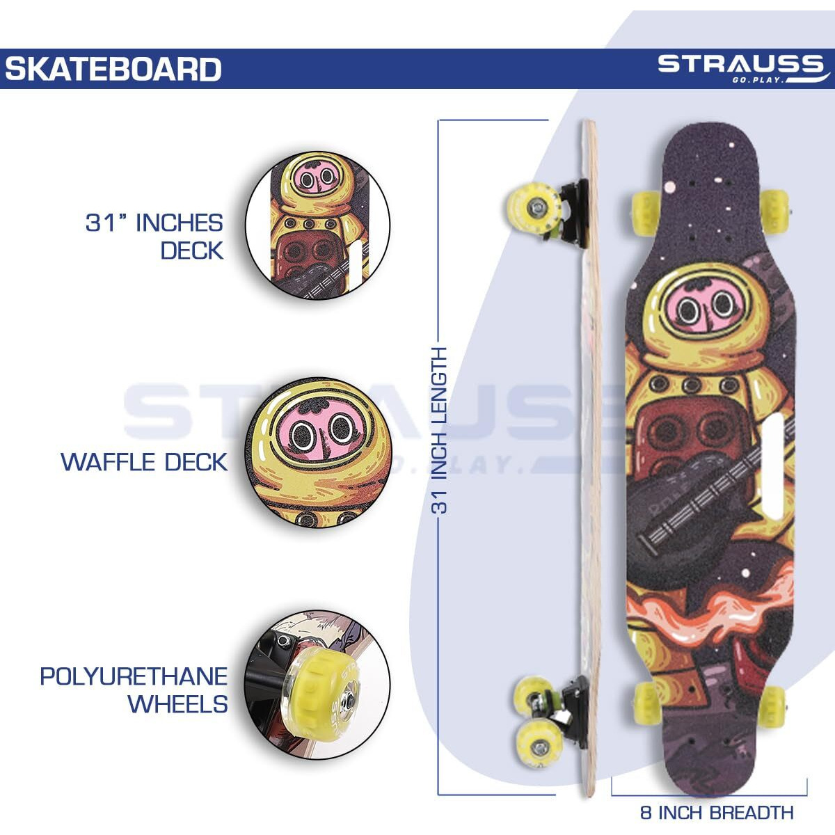 STRAUSS Plastic Spunkz Skateboard Penny Skateboard|Casterboard|Hoverboard Anti-Skid Board with High Precision Bearings Wheels with Light Ideal for 8 Years and Above(31 X 8 Inch),(Astronaut),Multicolor