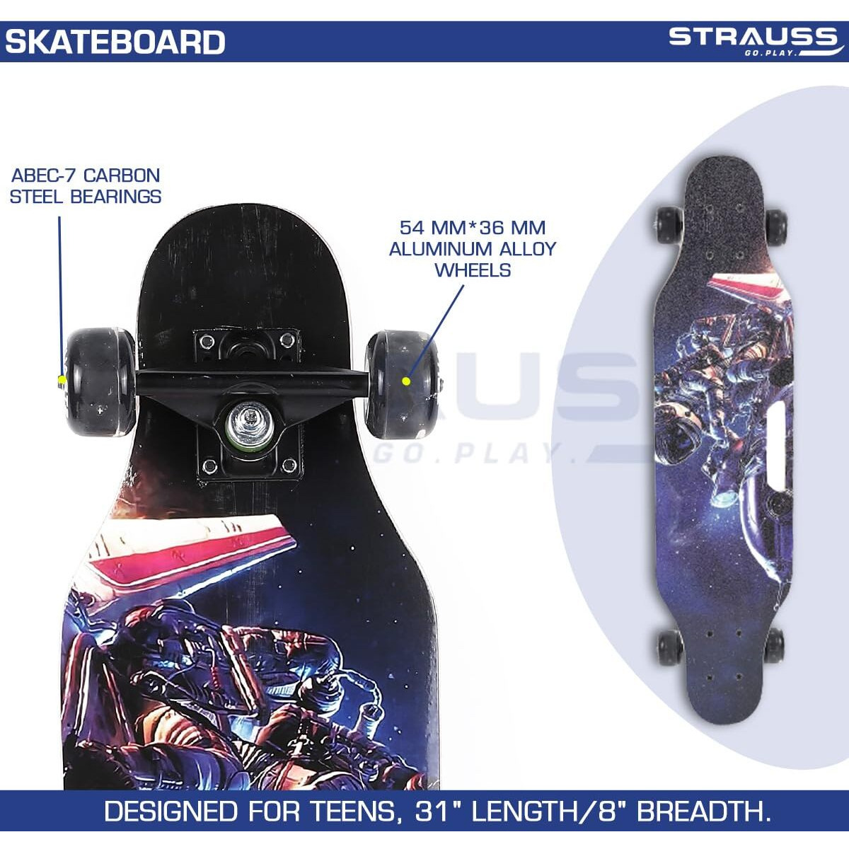STRAUSS Plastic Spunkz Skateboard | Penny Skateboard | Casterboard | Anti-Skid Board with High Precision Bearings | Wheels with Light | Ideal for 8 Years and above (31 X 8 Inch), (Biker), Brown