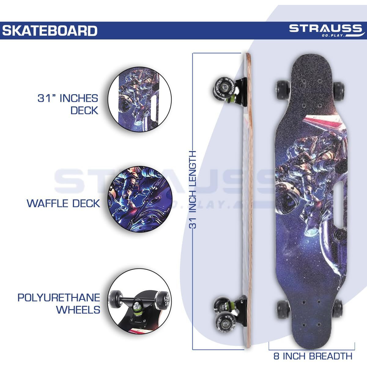 STRAUSS Plastic Spunkz Skateboard | Penny Skateboard | Casterboard | Anti-Skid Board with High Precision Bearings | Wheels with Light | Ideal for 8 Years and above (31 X 8 Inch), (Biker), Brown