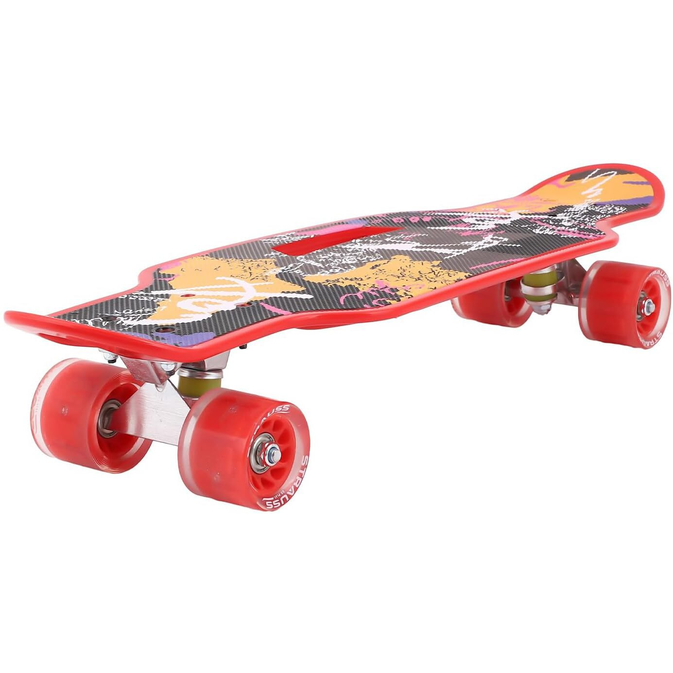 STRAUSS Cruiser Skateboard| Penny Skateboard | Casterboard | Hoverboard | Anti-Skid Board with High Precision Bearings | Wheels with Light |Ideal for All above 8 Years (31 X 8 Inch), (Scribble Red)