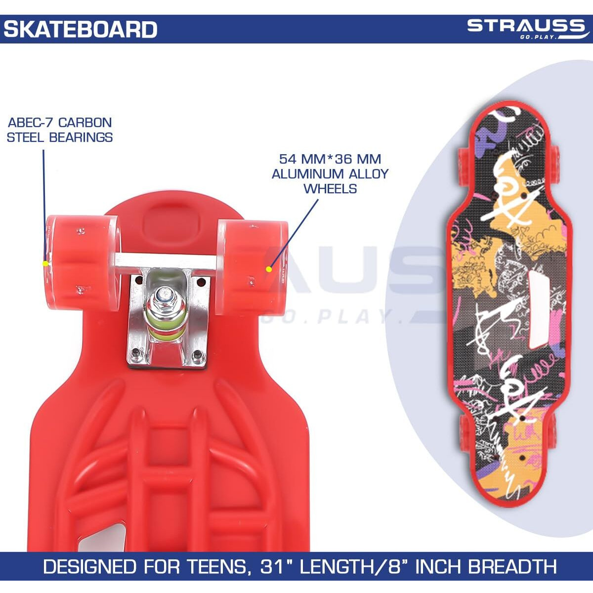 STRAUSS Cruiser Skateboard| Penny Skateboard | Casterboard | Hoverboard | Anti-Skid Board with High Precision Bearings | Wheels with Light |Ideal for All above 8 Years (31 X 8 Inch), (Scribble Red)