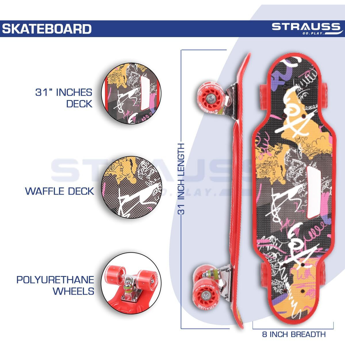 STRAUSS Cruiser Skateboard| Penny Skateboard | Casterboard | Hoverboard | Anti-Skid Board with High Precision Bearings | Wheels with Light |Ideal for All above 8 Years (31 X 8 Inch), (Scribble Red)