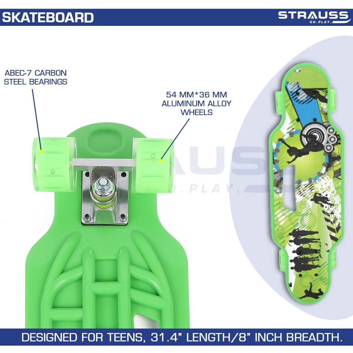 STRAUSS Cruiser Skateboard| Penny Skateboard | Casterboard | Hoverboard | Anti-Skid Board with High Precision Bearings | Wheels with Light |Ideal for 8 Years and above (31 X 8 Inch), (Vibrant Green)