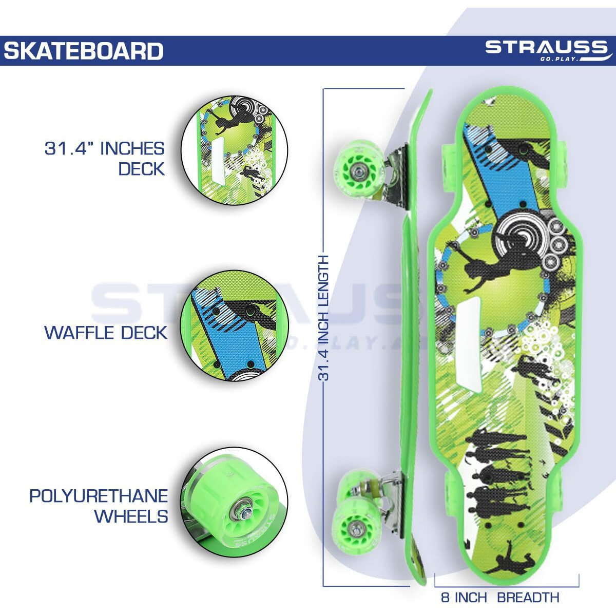 STRAUSS Cruiser Skateboard| Penny Skateboard | Casterboard | Hoverboard | Anti-Skid Board with High Precision Bearings | Wheels with Light |Ideal for 8 Years and above (31 X 8 Inch), (Vibrant Green)