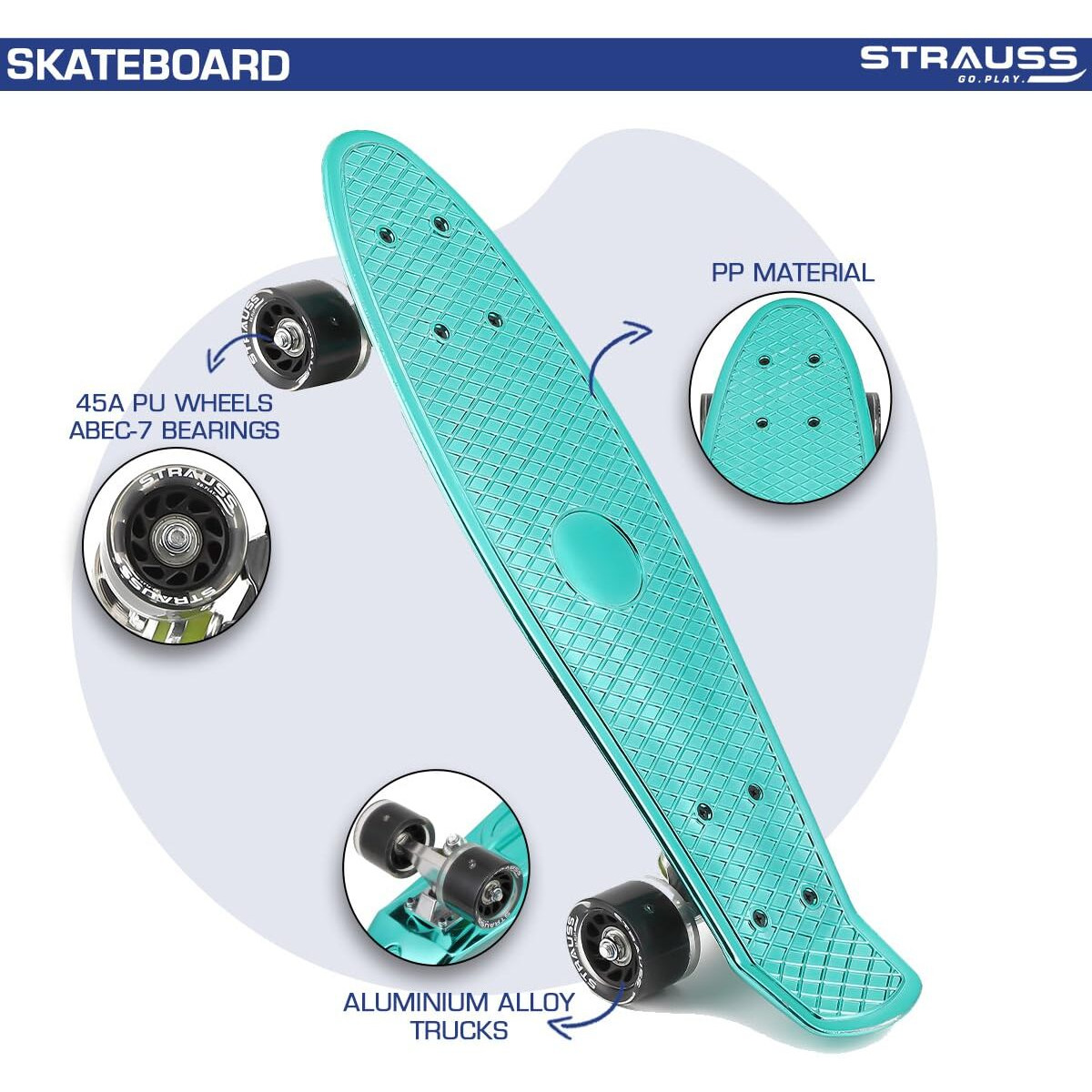 STRAUSS Fibreglass Cruiser Skateboard | Penny Skateboard | Casterboard | Hoverboard | Anti-Skid Board With High Precision Bearings | Wheel With Lights | Ideal For 8 Years and Above | 22 X 6 Inch, Blue