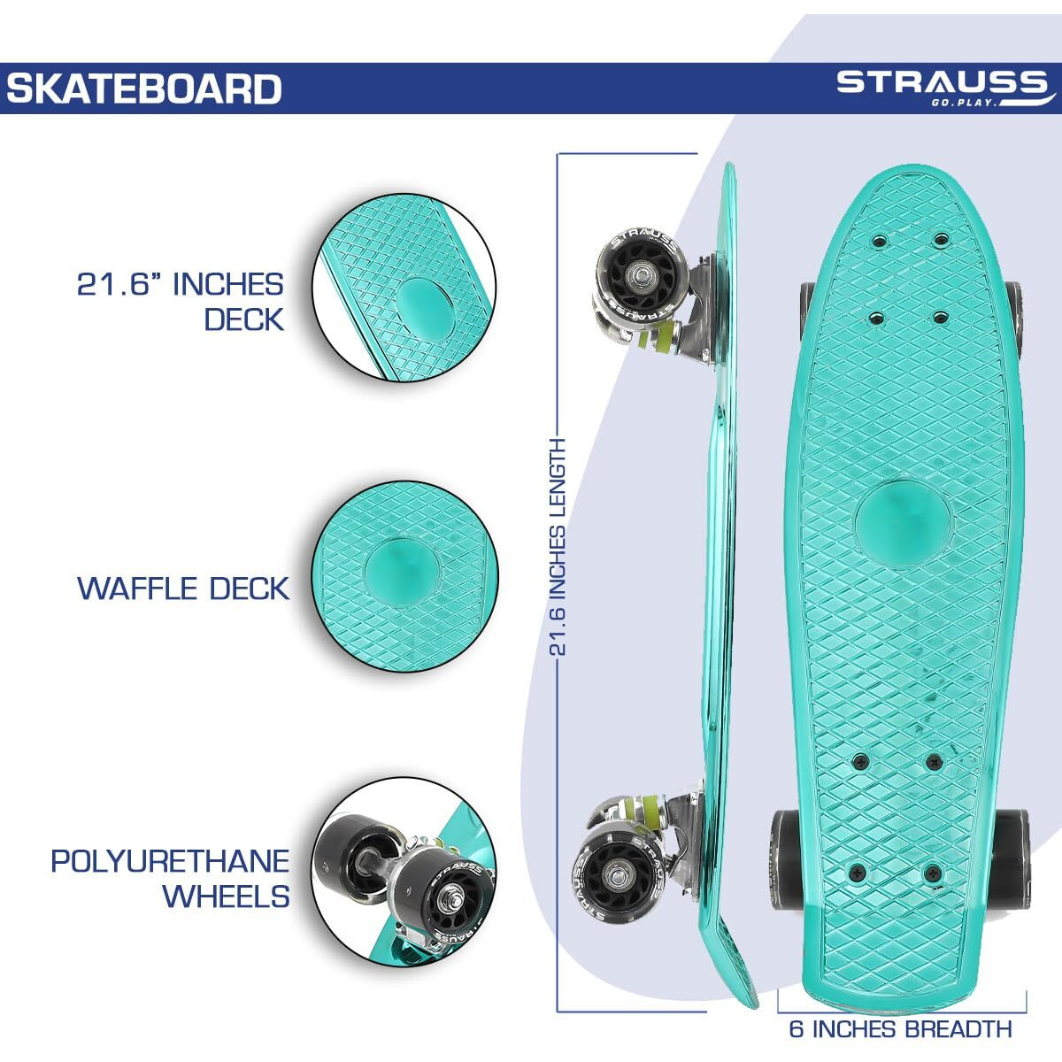 STRAUSS Fibreglass Cruiser Skateboard | Penny Skateboard | Casterboard | Hoverboard | Anti-Skid Board With High Precision Bearings | Wheel With Lights | Ideal For 8 Years and Above | 22 X 6 Inch, Blue