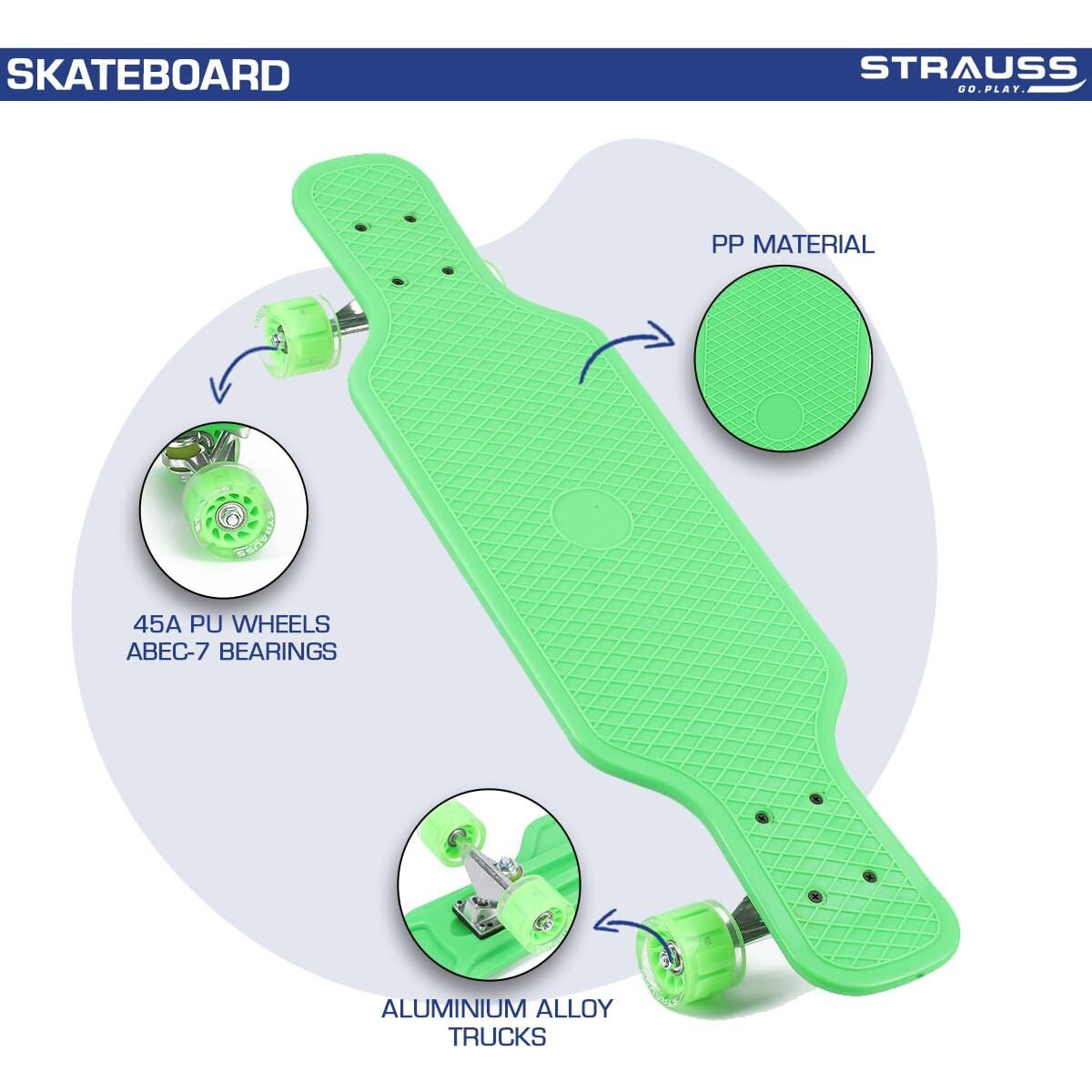 STRAUSS Cruiser Skateboard| Penny Skateboard | Casterboard | Hoverboard | Anti-Skid Board with High Precision Bearings | Wheels with Light |Ideal for All above 8 Years (31 X 8 Inch), (Green)