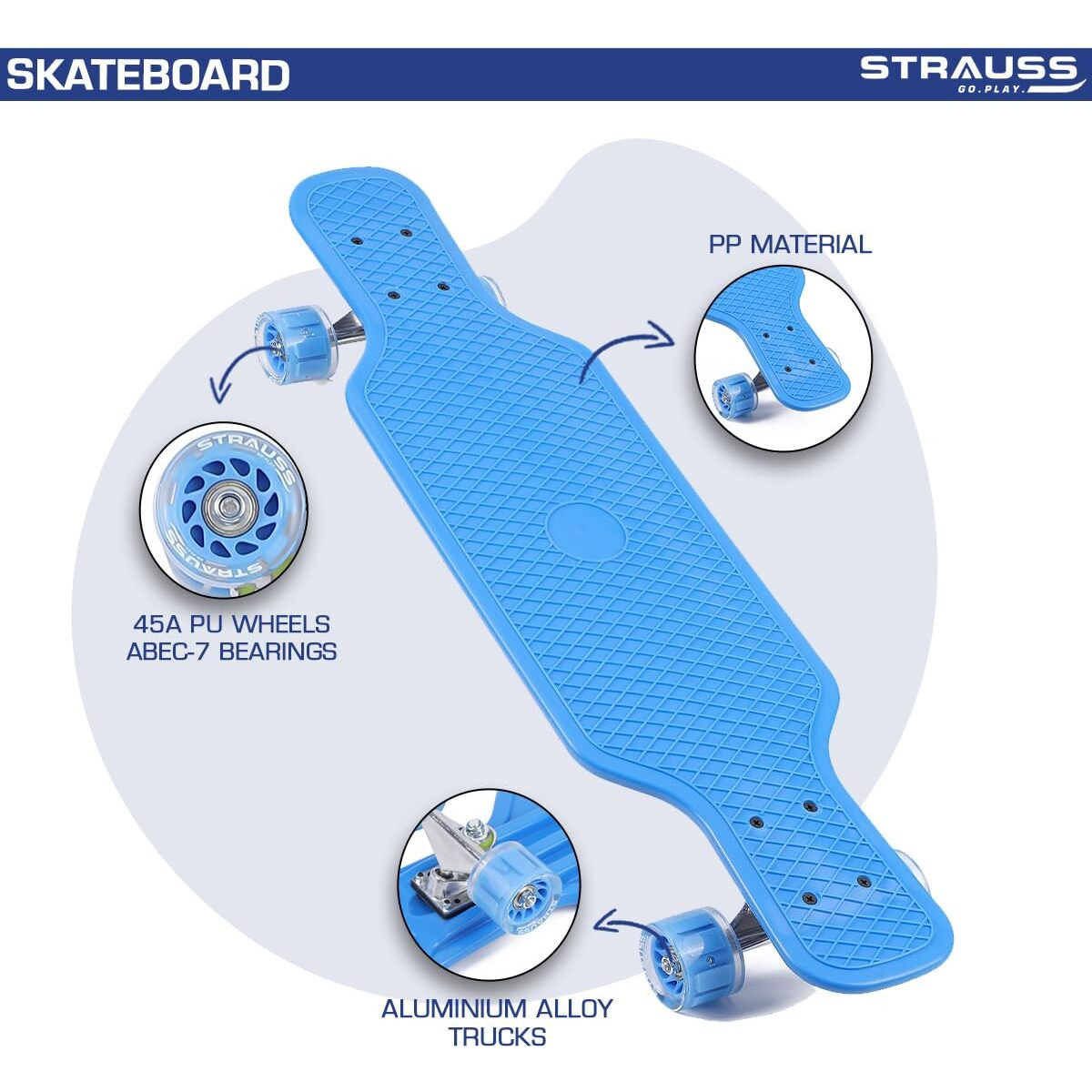 STRAUSS Cruiser Skateboard| Penny Skateboard | Casterboard | Hoverboard | Anti-Skid Board with High Precision Bearings | Wheels with Light |Ideal for All above 8 Years (31 X 8 Inch), (Blue)