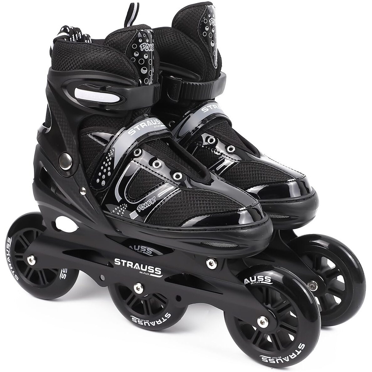 STRAUSS Trinity Adjustable Size Inline Skates | Skating Shoes for Boys & Girls | 3 Wheels |Beginner-Friendly Skating Shoe | Adjustable Roller Blades | Enhanced Stability and Support| Size L,(Black)