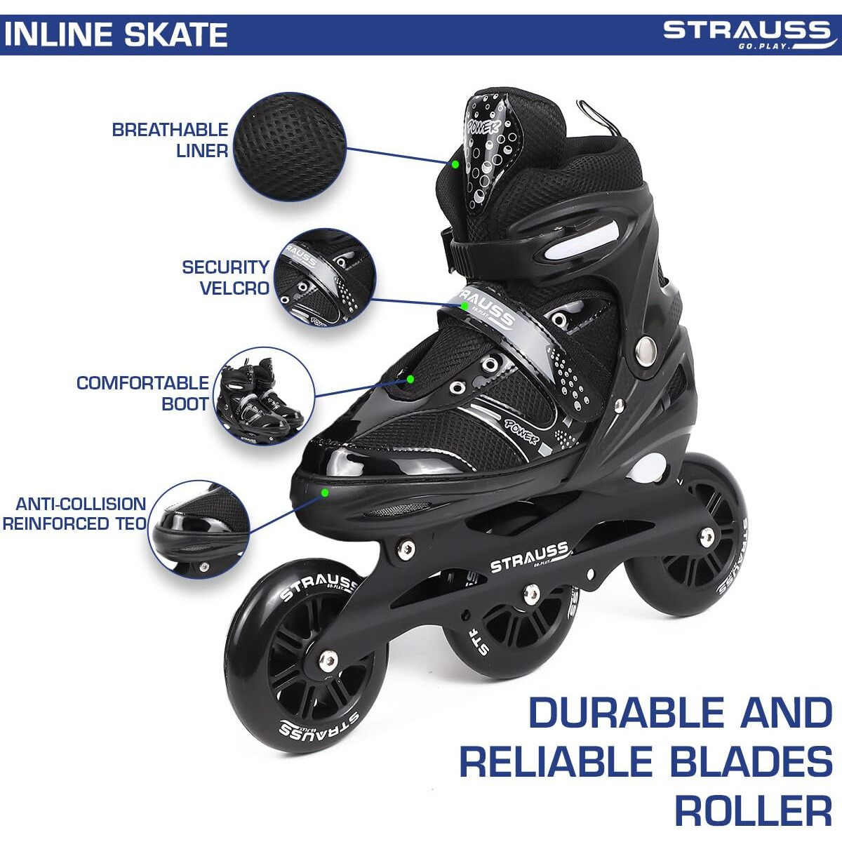 STRAUSS Trinity Adjustable Size Inline Skates | Skating Shoes for Boys & Girls | 3 Wheels |Beginner-Friendly Skating Shoe | Adjustable Roller Blades | Enhanced Stability and Support| Size L,(Black)