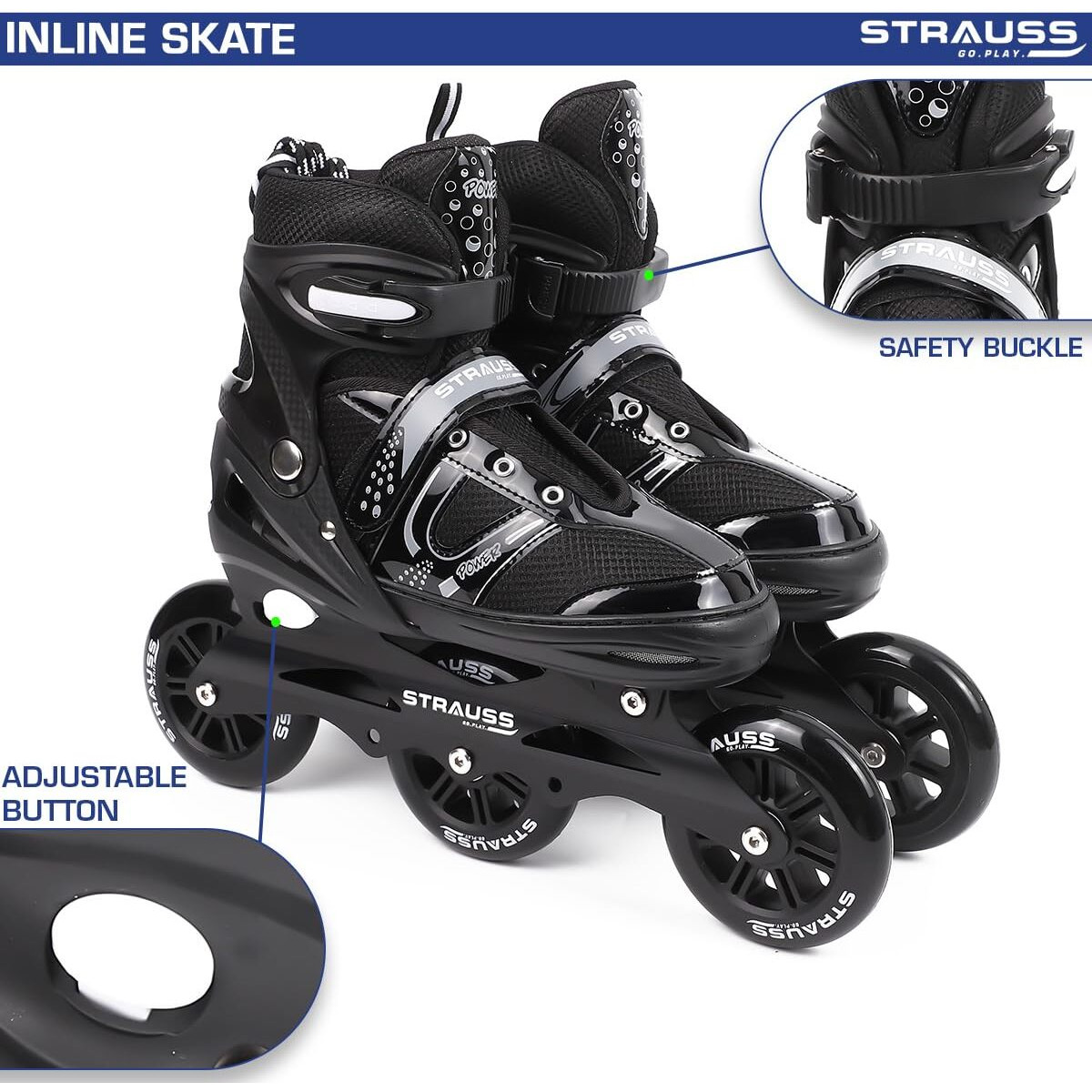 STRAUSS Trinity Adjustable Size Inline Skates | Skating Shoes for Boys & Girls | 3 Wheels |Beginner-Friendly Skating Shoe | Adjustable Roller Blades | Enhanced Stability and Support| Size L,(Black)
