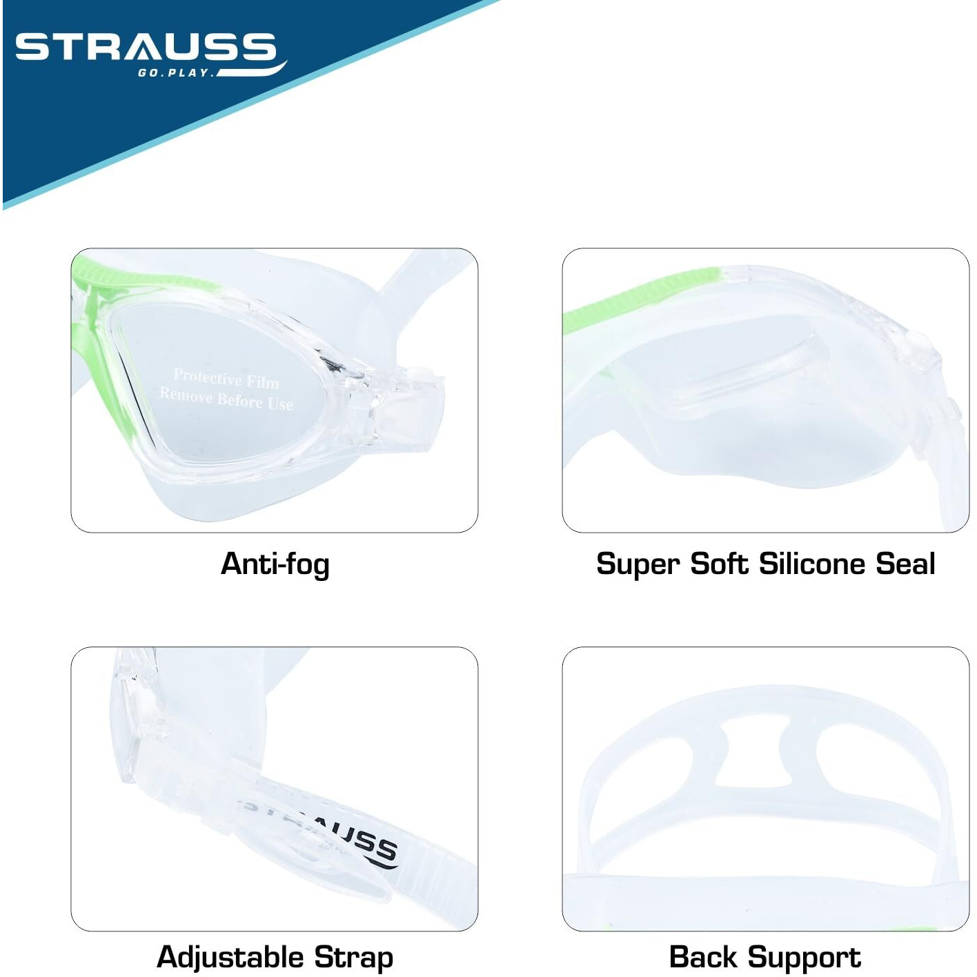 STRAUSS Swimming Goggles | Anti Fog & UV Protection | Swimming Goggles for Kids, Adults | Fully Adjustable Swimming Goggles with A Case Cover,(Green)
