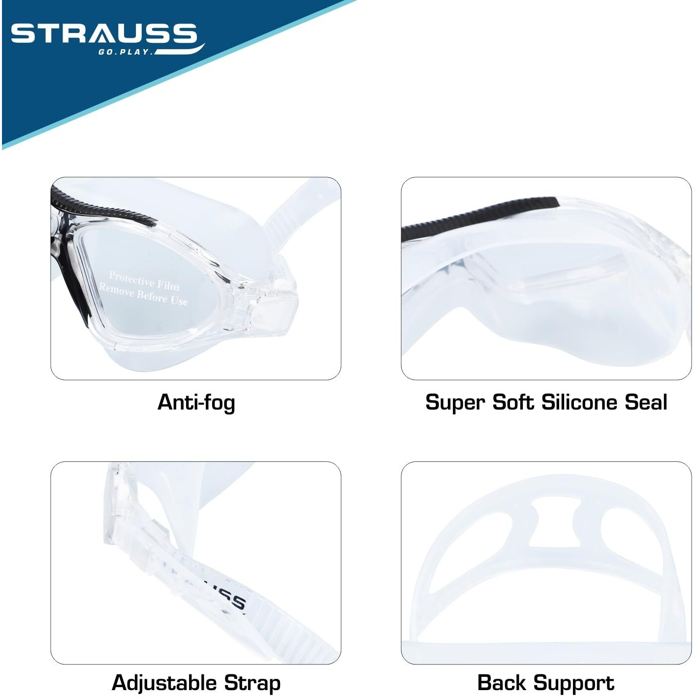 STRAUSS Swimming Goggles | Anti Fog & UV Protection | Swimming Goggles for Kids, Adults | Fully Adjustable Swimming Goggles with A Case Cover,(Black)