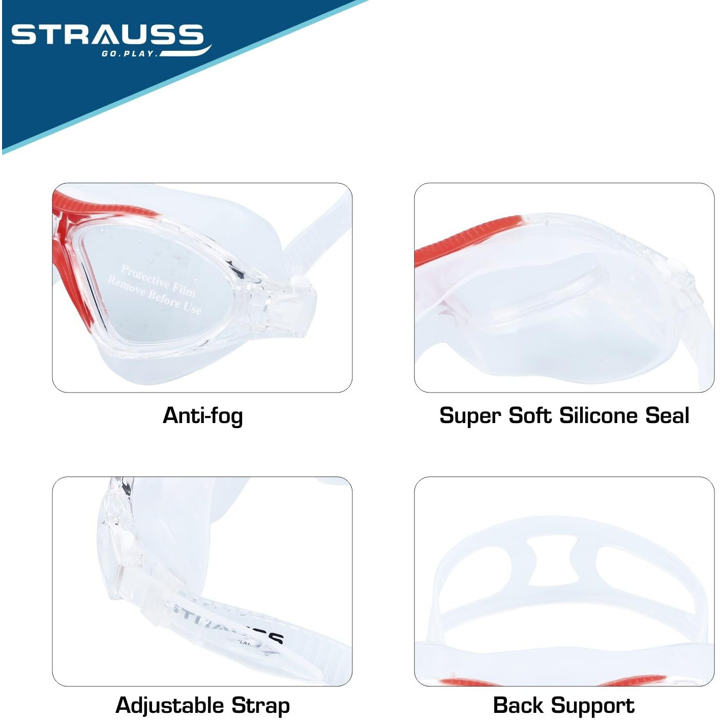 STRAUSS Swimming Goggles | Anti Fog & UV Protection | Swimming Goggles for Kids, Adults | Fully Adjustable Swimming Goggles with A Case Cover,(Red)