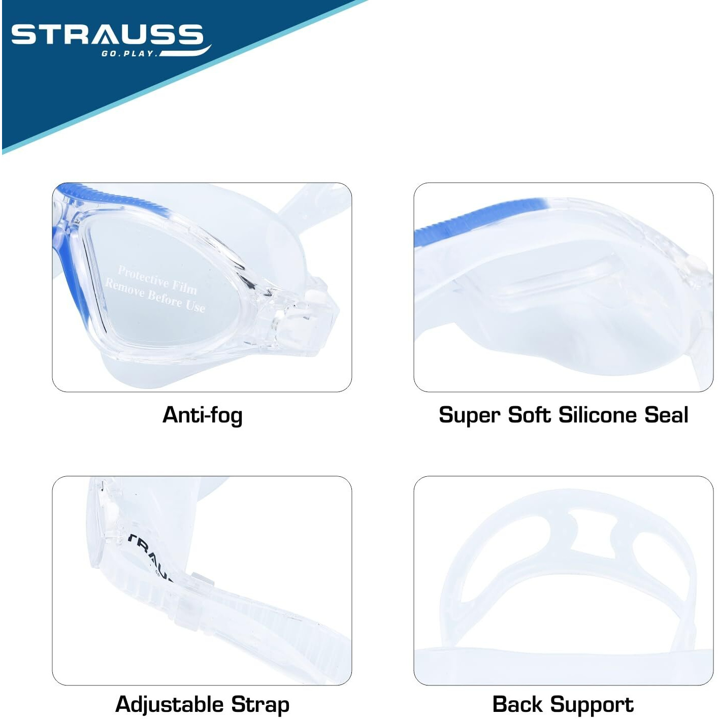 STRAUSS Swimming Goggles | Anti Fog & UV Protection | Swimming Goggles for Kids, Adults | Fully Adjustable Swimming Goggles with A Case Cover,(Blue)