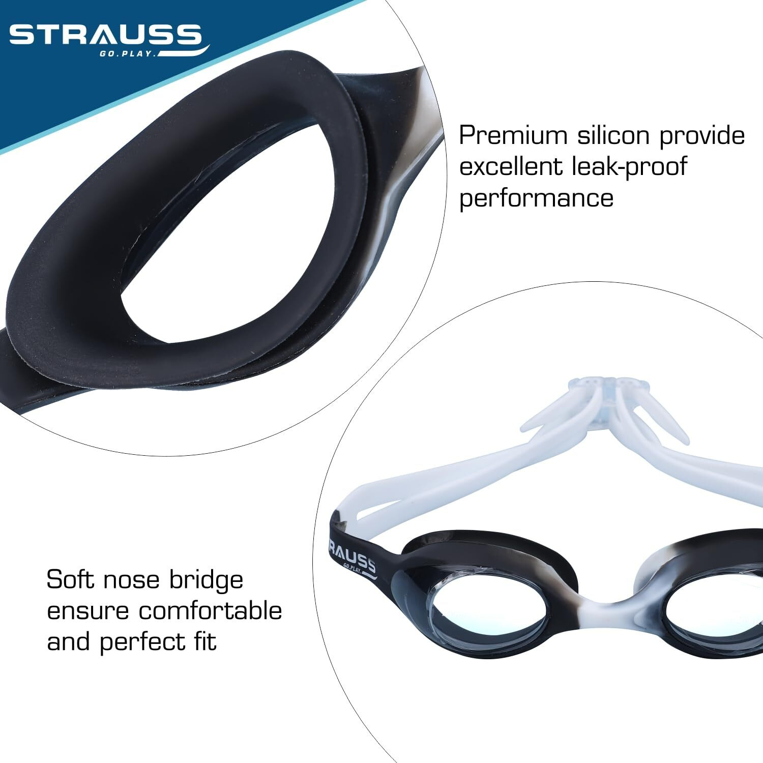 STRAUSS Swimming Goggles | Anti Fog & UV Protection | Swimming Goggles for Kids, Adults | Fully Adjustable Swimming Goggles with A Case Cover,(Black)