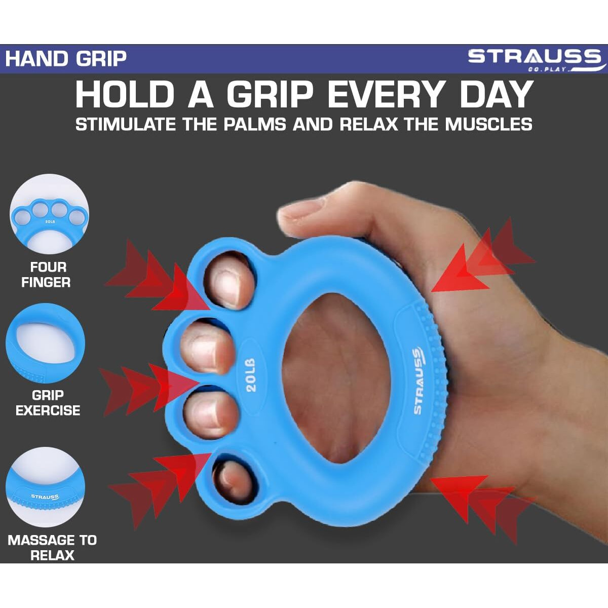 Strauss Adjustable Finger and Hand Exerciser | Finger&Palm Gripper | Hand Strengthener for Carpal Tunnel Relief and Grip Strength for Men & Women, (Blue)