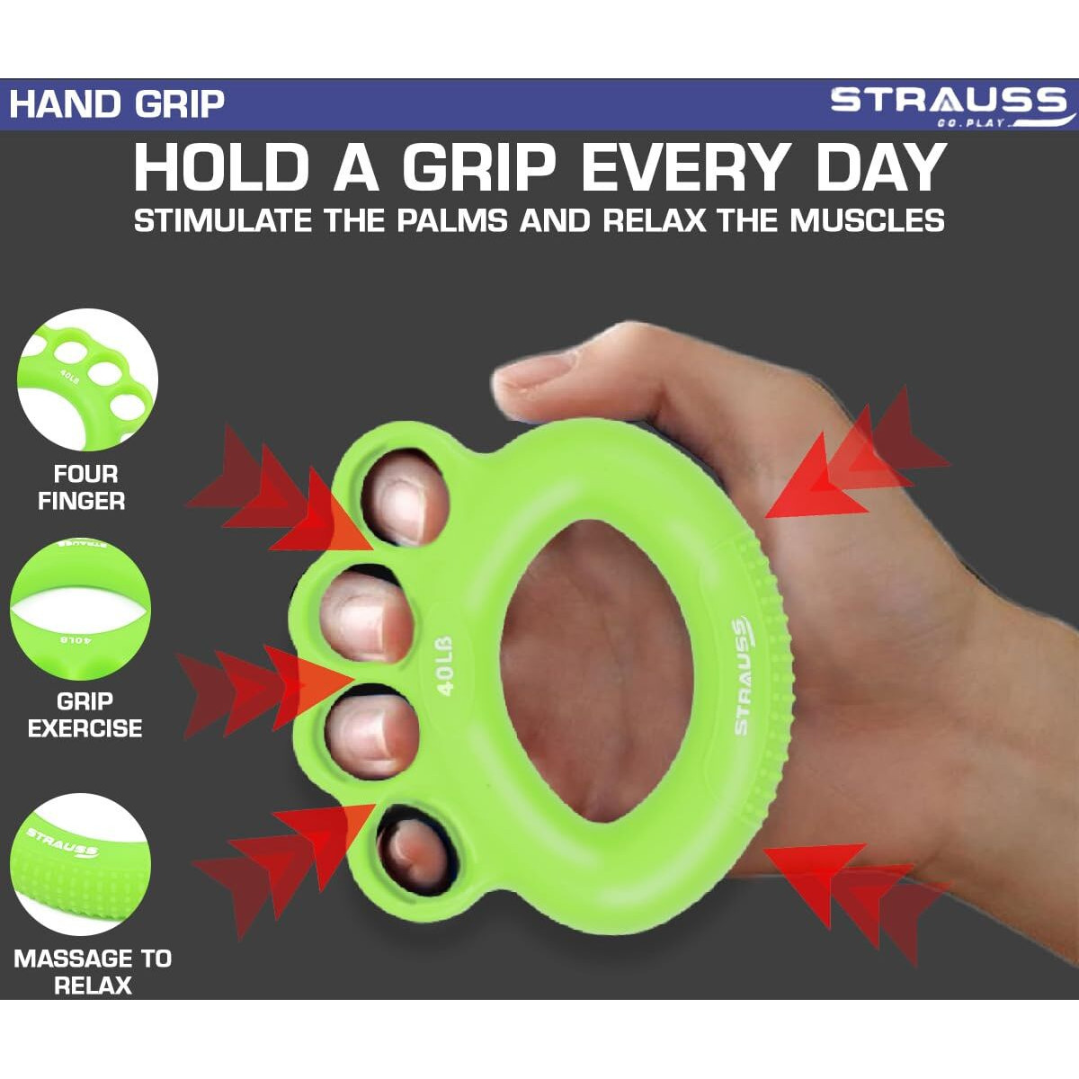 Strauss Adjustable Finger and Hand Exerciser | Finger&Palm Gripper | Hand Strengthener for Carpal Tunnel Relief and Grip Strength for Men & Women, (Green)