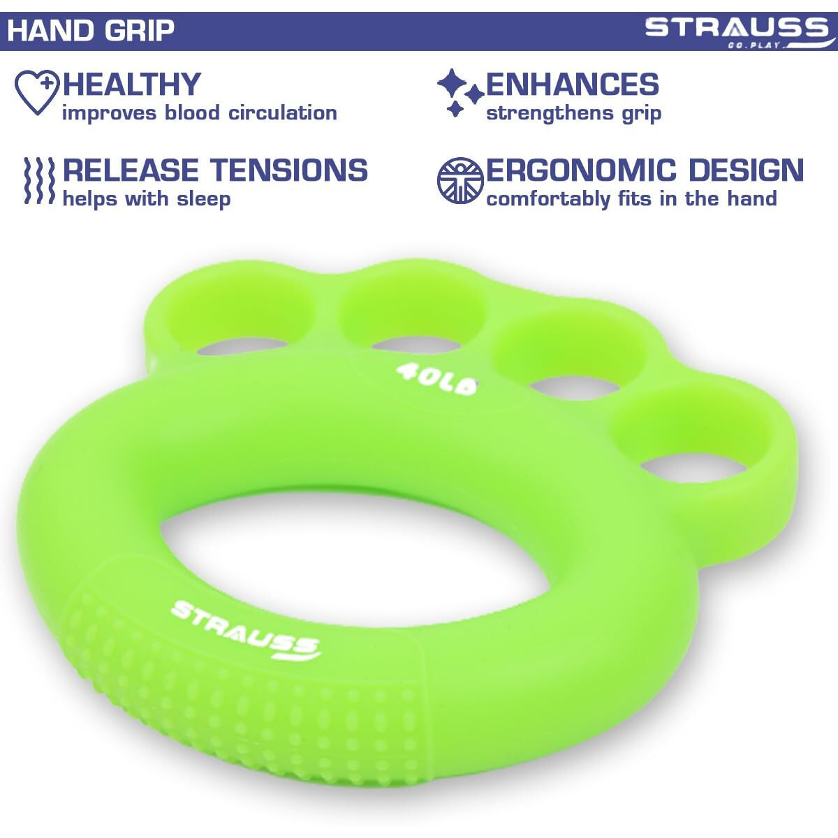 Strauss Adjustable Finger and Hand Exerciser | Finger&Palm Gripper | Hand Strengthener for Carpal Tunnel Relief and Grip Strength for Men & Women, (Green)