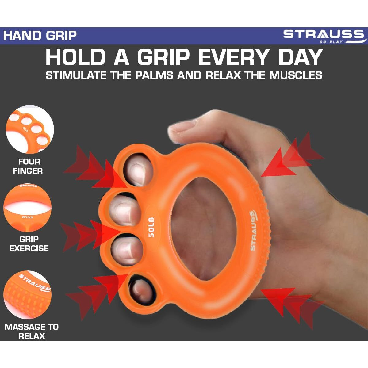 Strauss Adjustable Finger and Hand Exerciser | Finger&Palm Gripper | Hand Strengthener for Carpal Tunnel Relief and Grip Strength for Men & Women, (Orange)