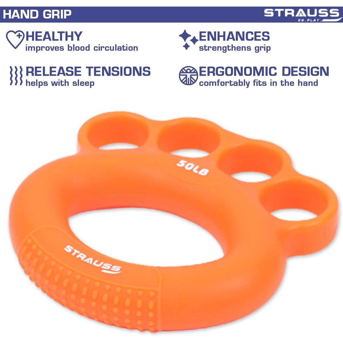 Strauss Adjustable Finger and Hand Exerciser | Finger&Palm Gripper | Hand Strengthener for Carpal Tunnel Relief and Grip Strength for Men & Women, (Orange)
