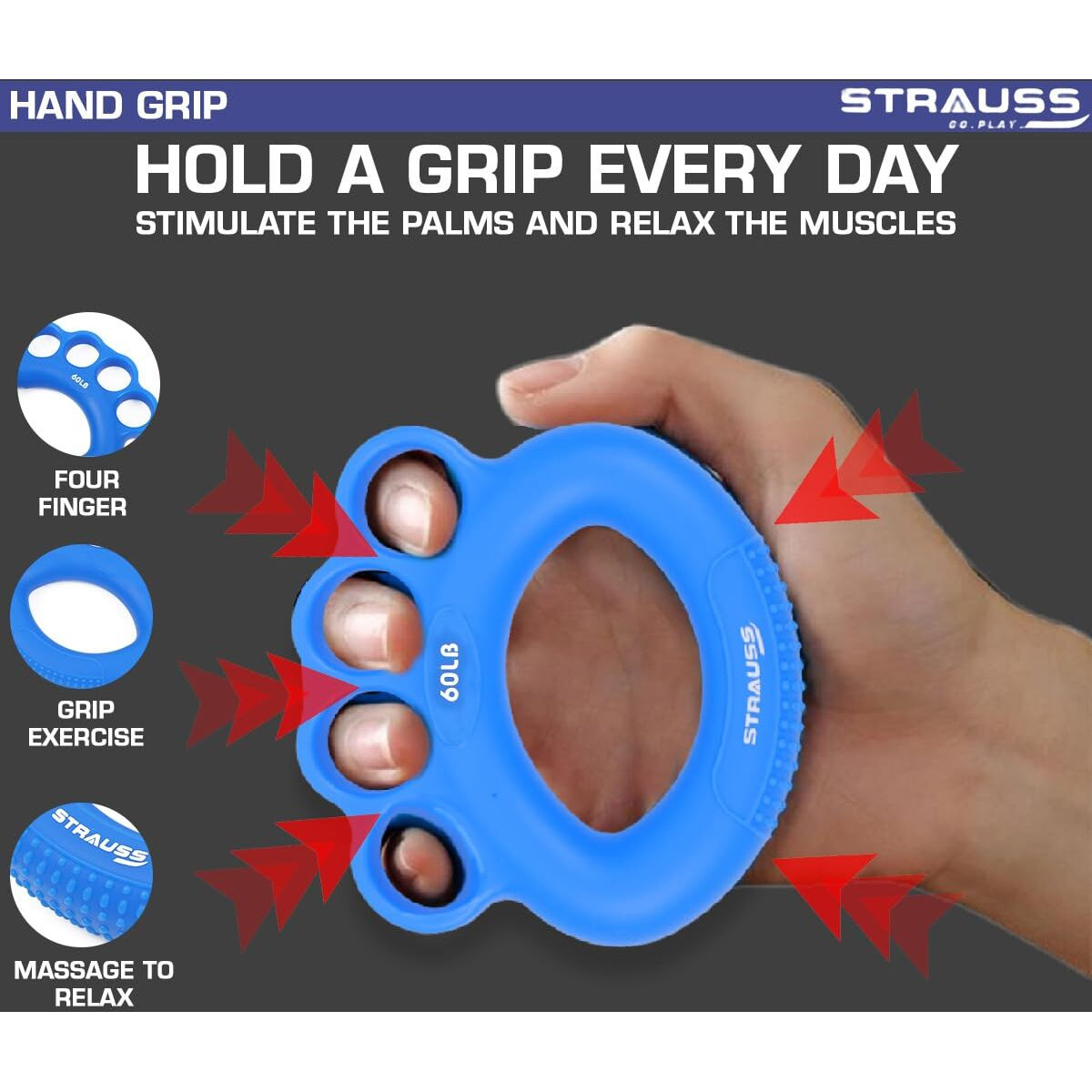 Strauss Adjustable Finger and Hand Exerciser | Finger&Palm Gripper | Hand Strengthener for Carpal Tunnel Relief and Grip Strength for Men & Women, (Navy Blue)