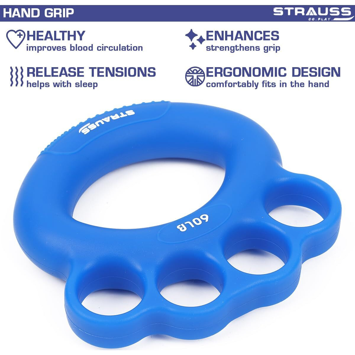Strauss Adjustable Finger and Hand Exerciser | Finger&Palm Gripper | Hand Strengthener for Carpal Tunnel Relief and Grip Strength for Men & Women, (Navy Blue)