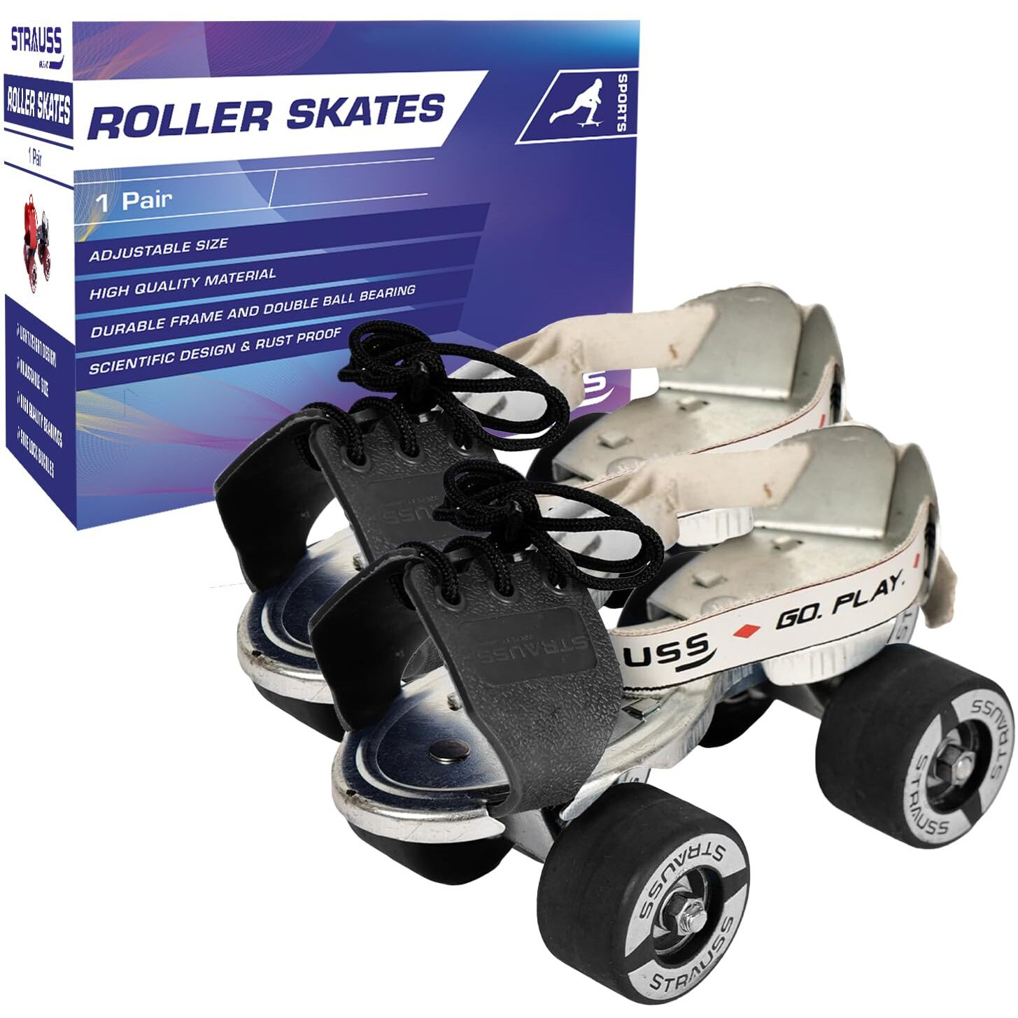 STRAUSS Junior Tenacity Roller Skates | Adjustable Shoe Size for Kids | 4 Wheels Skates for Boys and Girls | for Indoor and Outdoor Skating | Age Group 3-7 Years | Weight Capacity Upto 40kgs, Black