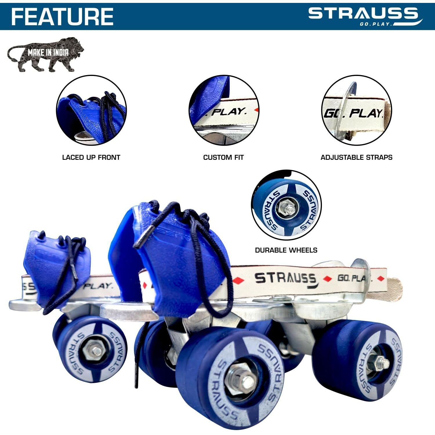 STRAUSS Junior Tenacity Roller Skates | Adjustable Shoe Size for kids | 4 Wheels Skates for Boys and Girls | for Indoor and Outdoor Skating | Age Group 3-7 Years | Weight Capacity upto 40kgs, Blue