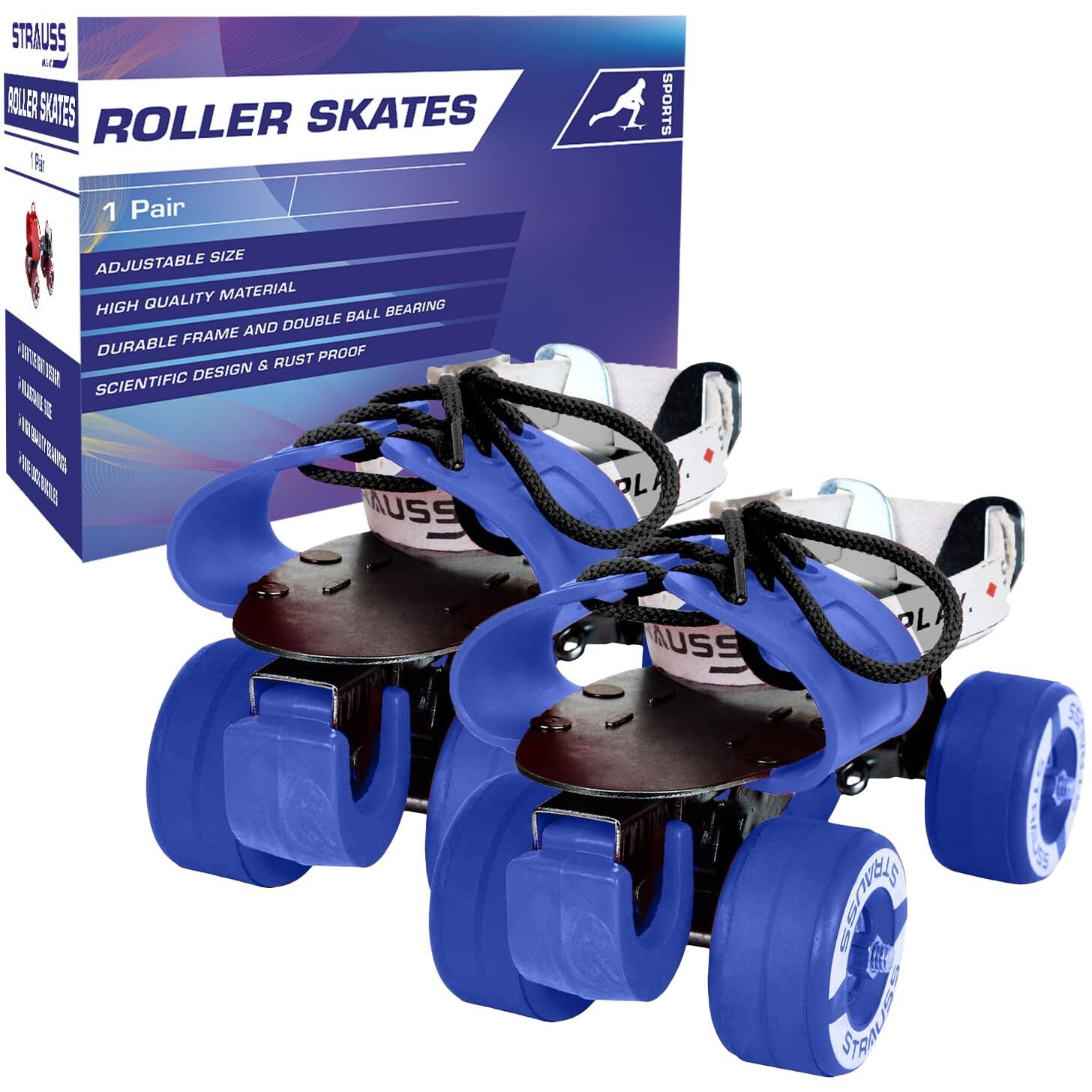 STRAUSS Unisex Senior Tenacity Roller Skates | Roller Blades for Kids | Adjustable Shoe Size | Ideal for Indoor and Outdoor Skating | Suitable for Age Group above 6 Years | Weight Capacity 80kgs,Blue
