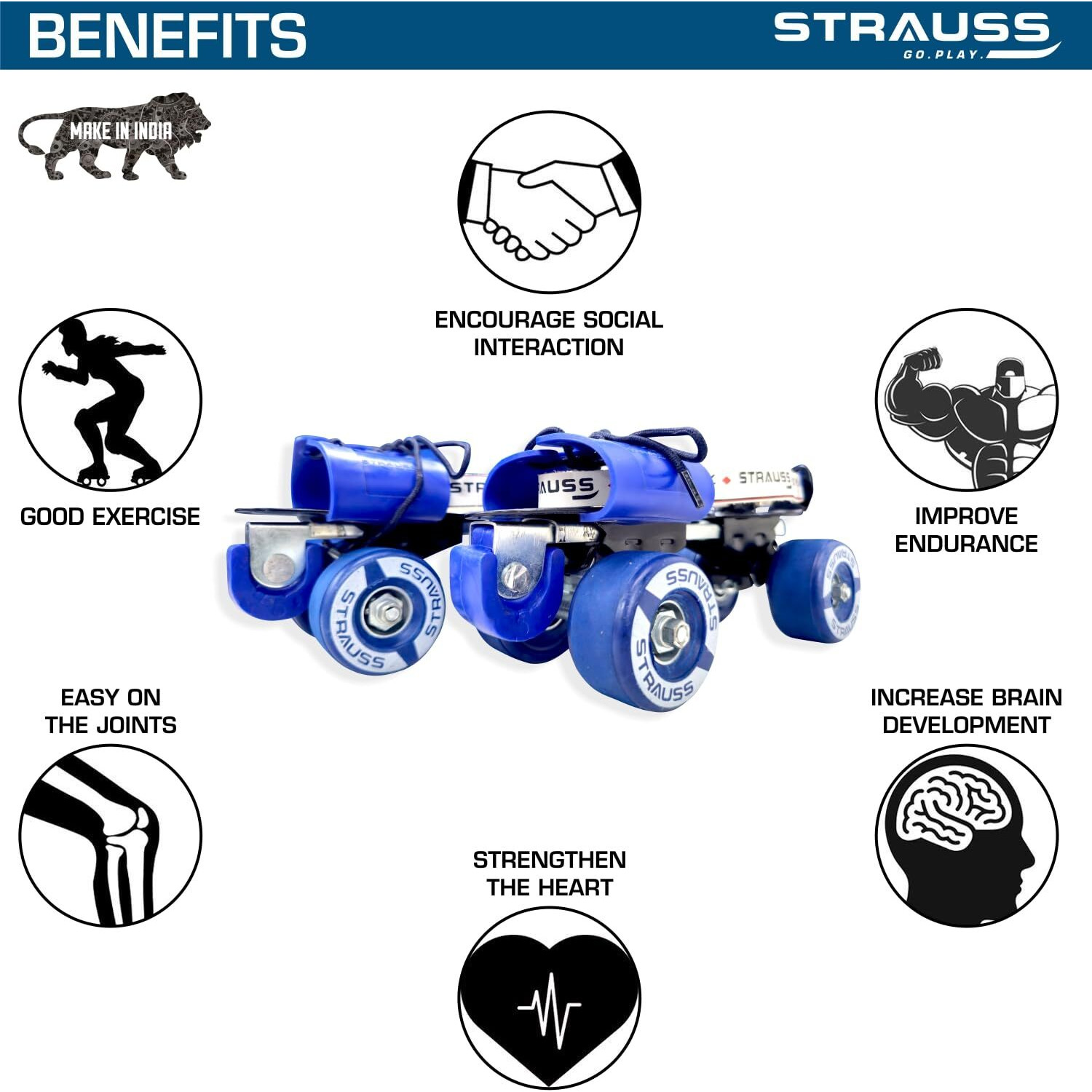 STRAUSS Unisex Senior Tenacity Roller Skates | Roller Blades for Kids | Adjustable Shoe Size | Ideal for Indoor and Outdoor Skating | Suitable for Age Group above 6 Years | Weight Capacity 80kgs,Blue