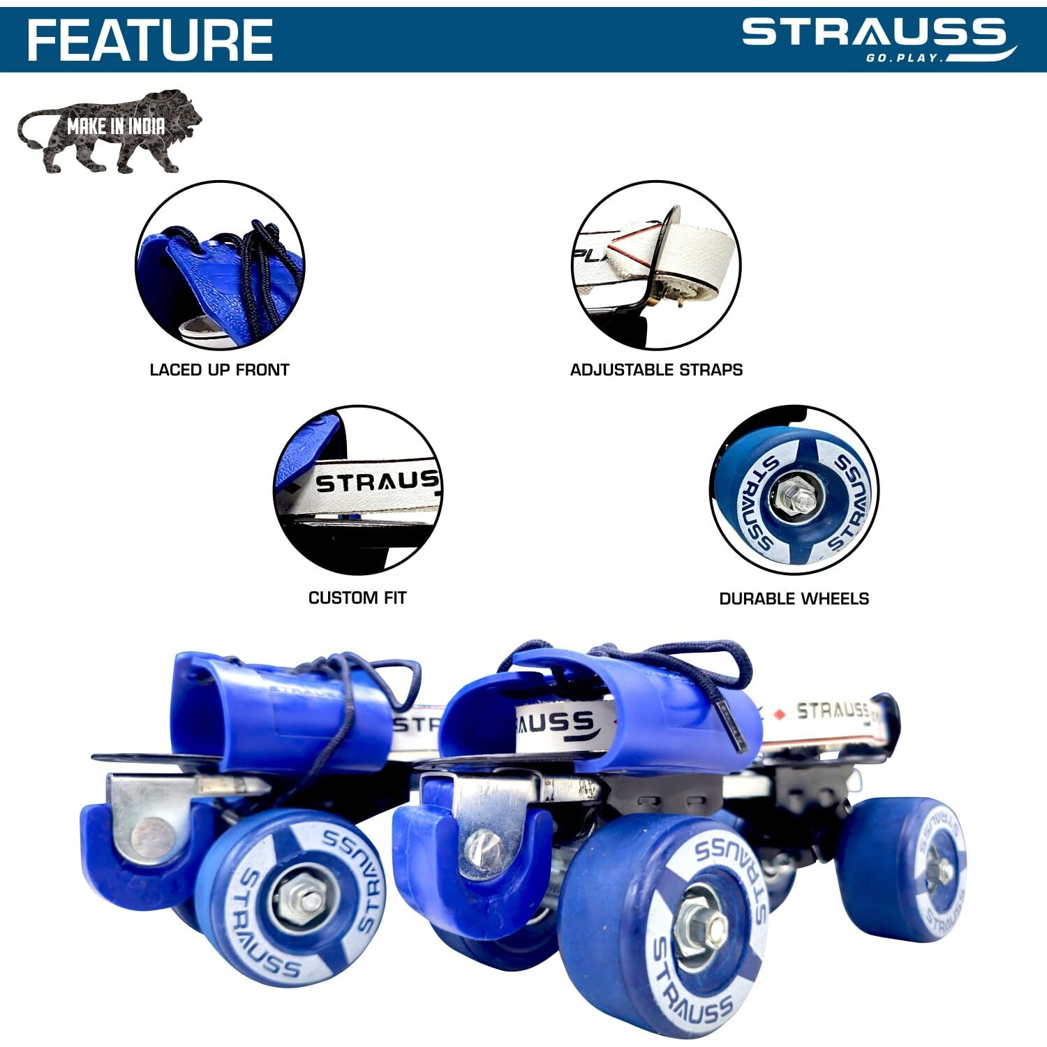 STRAUSS Unisex Senior Tenacity Roller Skates | Roller Blades for Kids | Adjustable Shoe Size | Ideal for Indoor and Outdoor Skating | Suitable for Age Group above 6 Years | Weight Capacity 80kgs,Blue