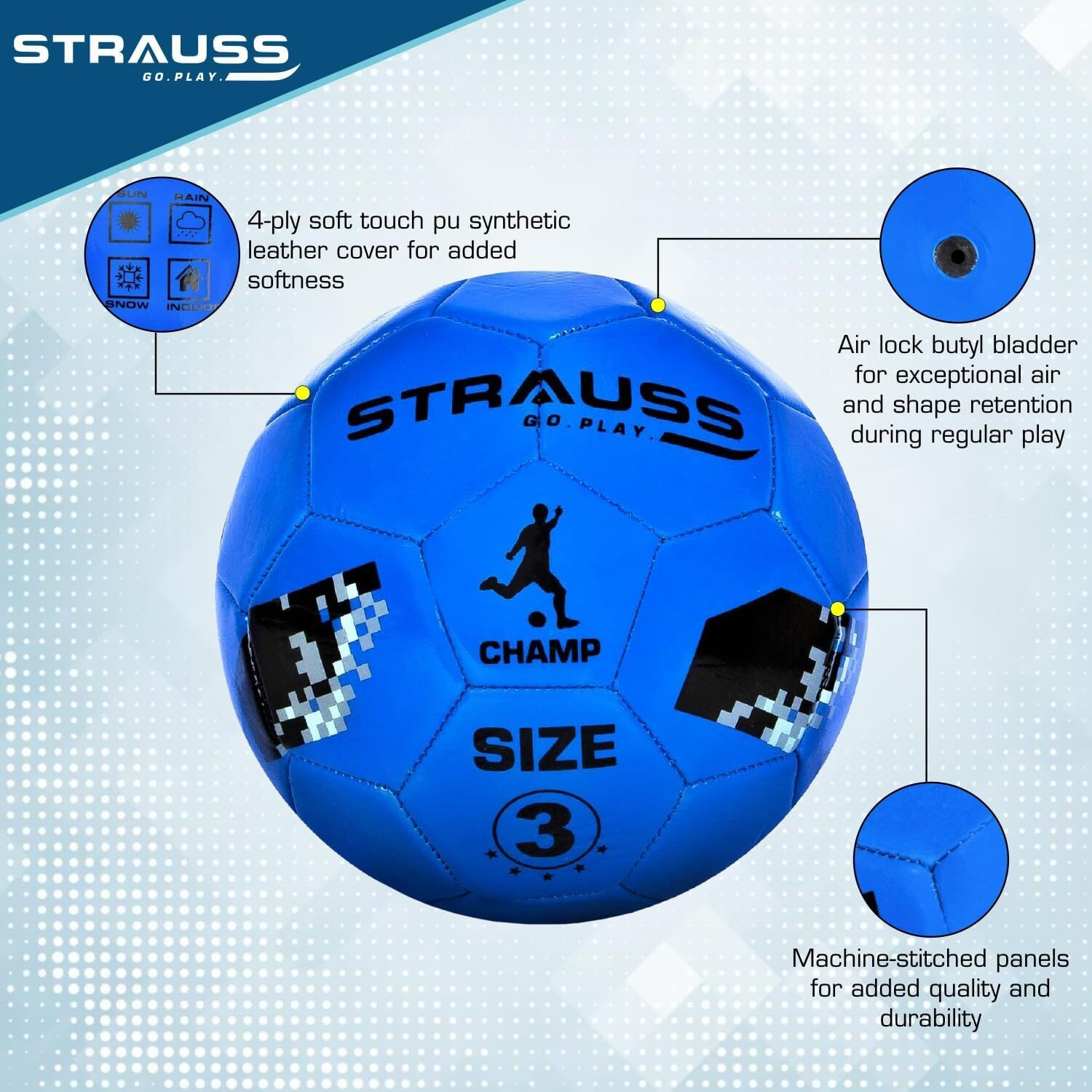 STRAUSS Official Football Size 3 |Professional Match Ball for Indoor & Outdoor Games & Training for Kids & Adults | Granular Texture with High-Performance Grained Surface, (Blue)